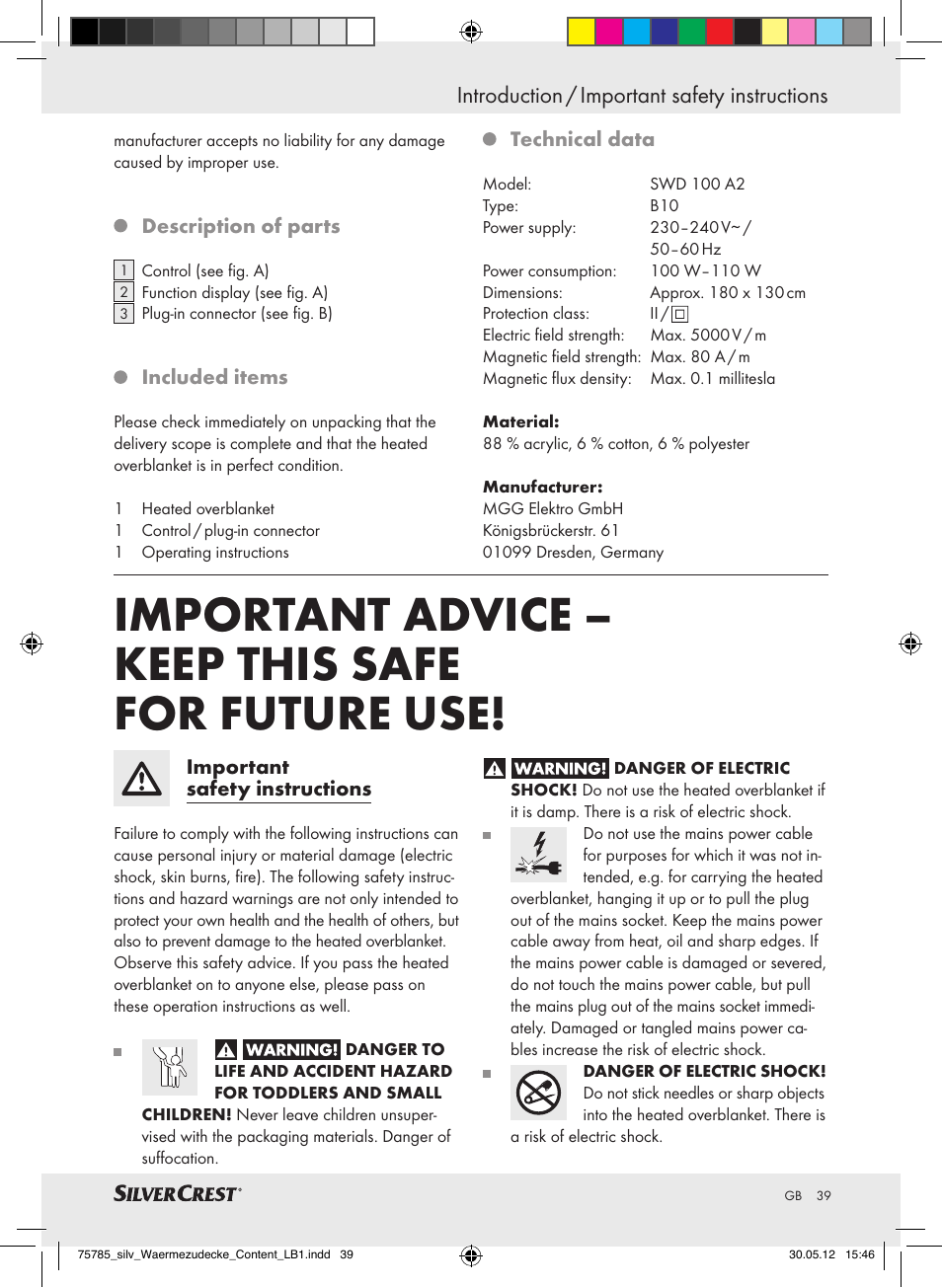 Important advice – keep this safe for future use | Silvercrest SWD 100 A2 User Manual | Page 39 / 44