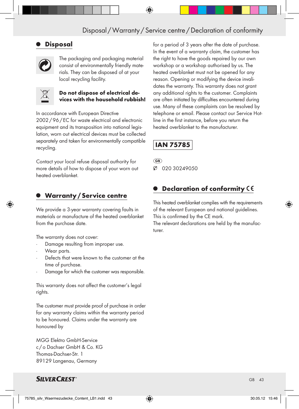 Disposal, Warranty / service centre, Declaration of conformity | Silvercrest SWD 100 A2 User Manual | Page 43 / 44