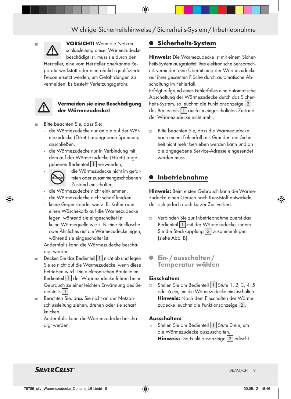 Sicherheits-system, Inbetriebnahme, Ein- / ausschalten / temperatur wählen | Silvercrest SWD 100 A2 User Manual | Page 9 / 44