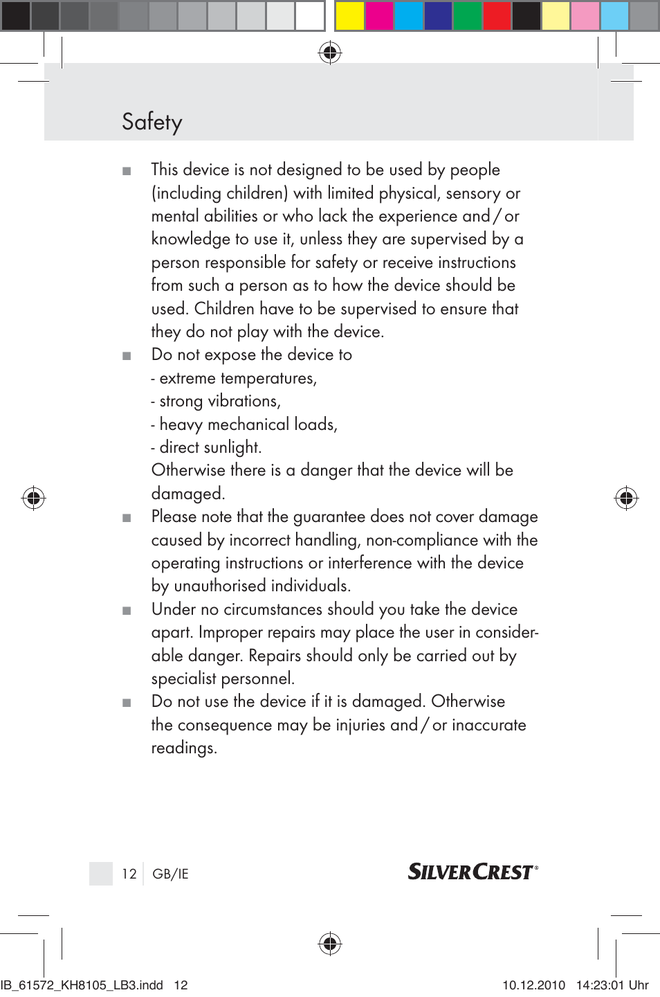 Safety | Silvercrest KH 8105 User Manual | Page 10 / 114