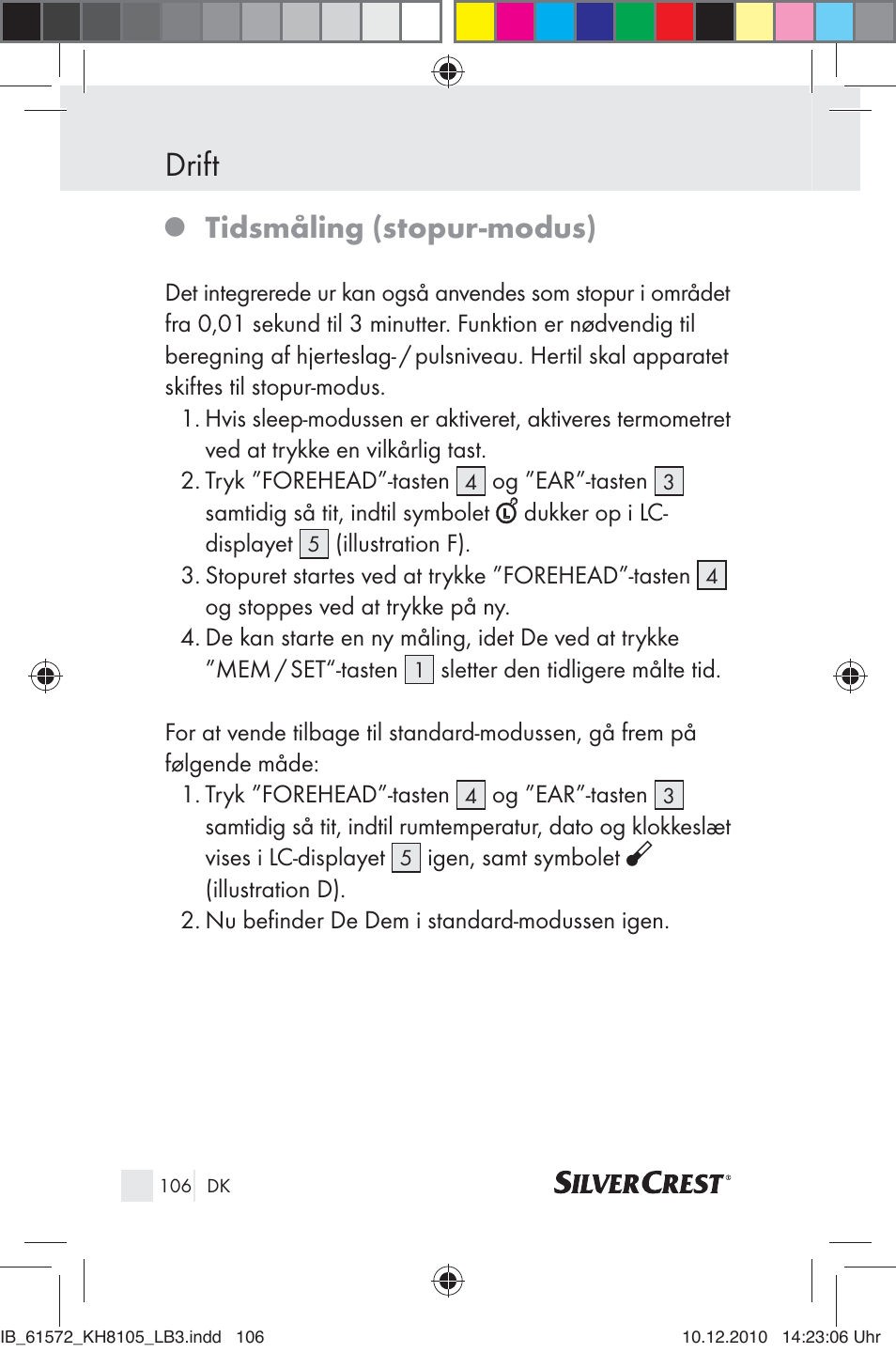 Drift, Tidsmåling (stopur-modus) | Silvercrest KH 8105 User Manual | Page 104 / 114
