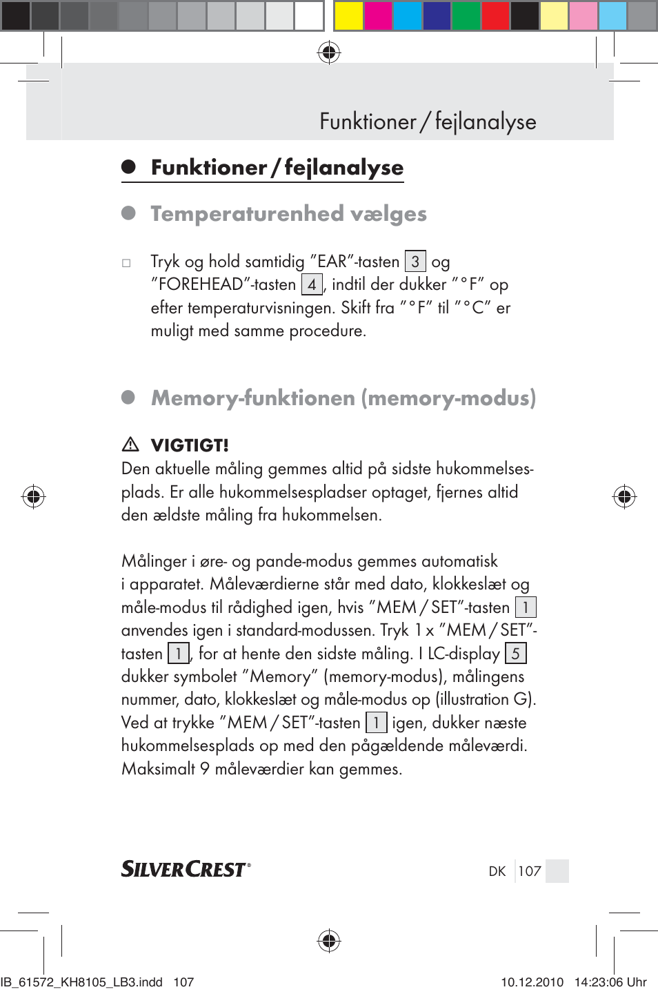 Funktioner / fejlanalyse, Temperaturenhed vælges | Silvercrest KH 8105 User Manual | Page 105 / 114