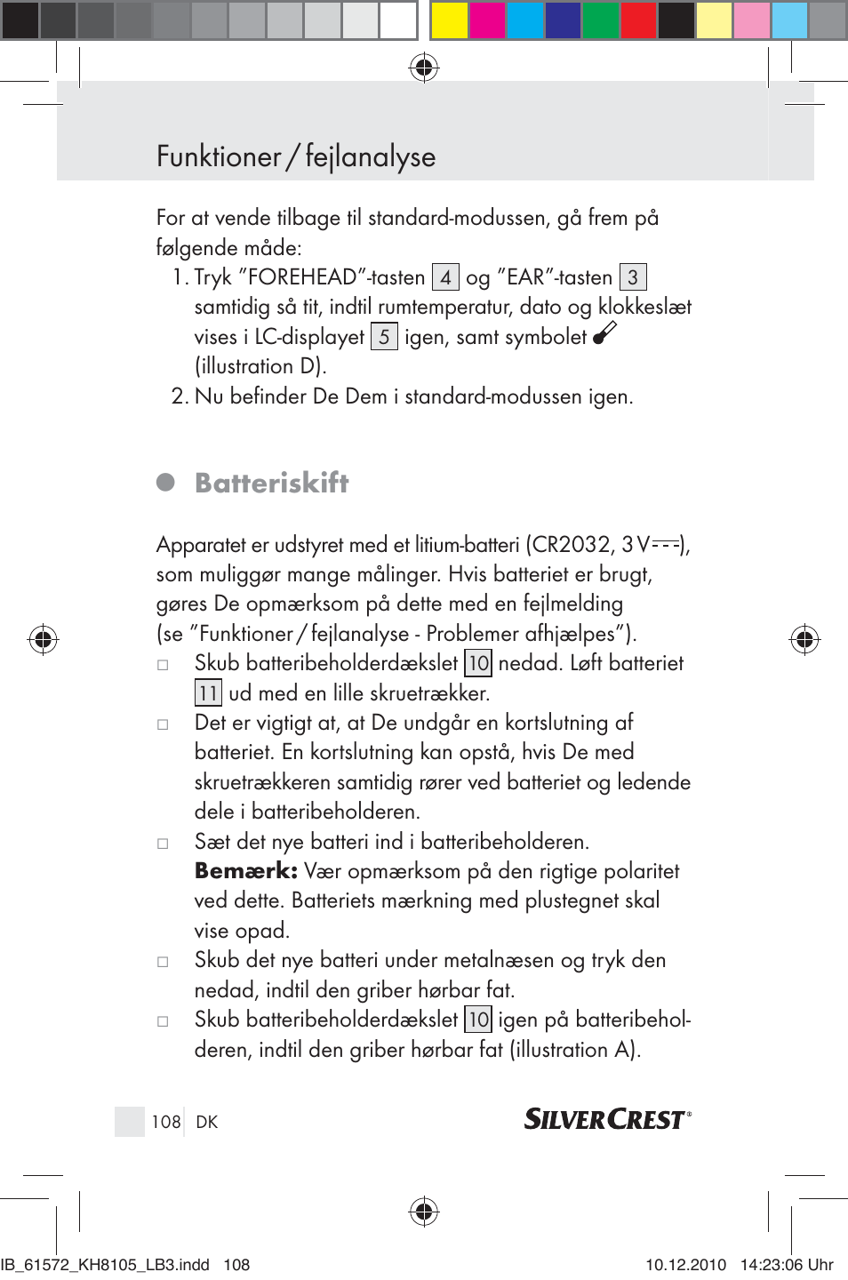 Funktioner / fejlanalyse, Batteriskift | Silvercrest KH 8105 User Manual | Page 106 / 114