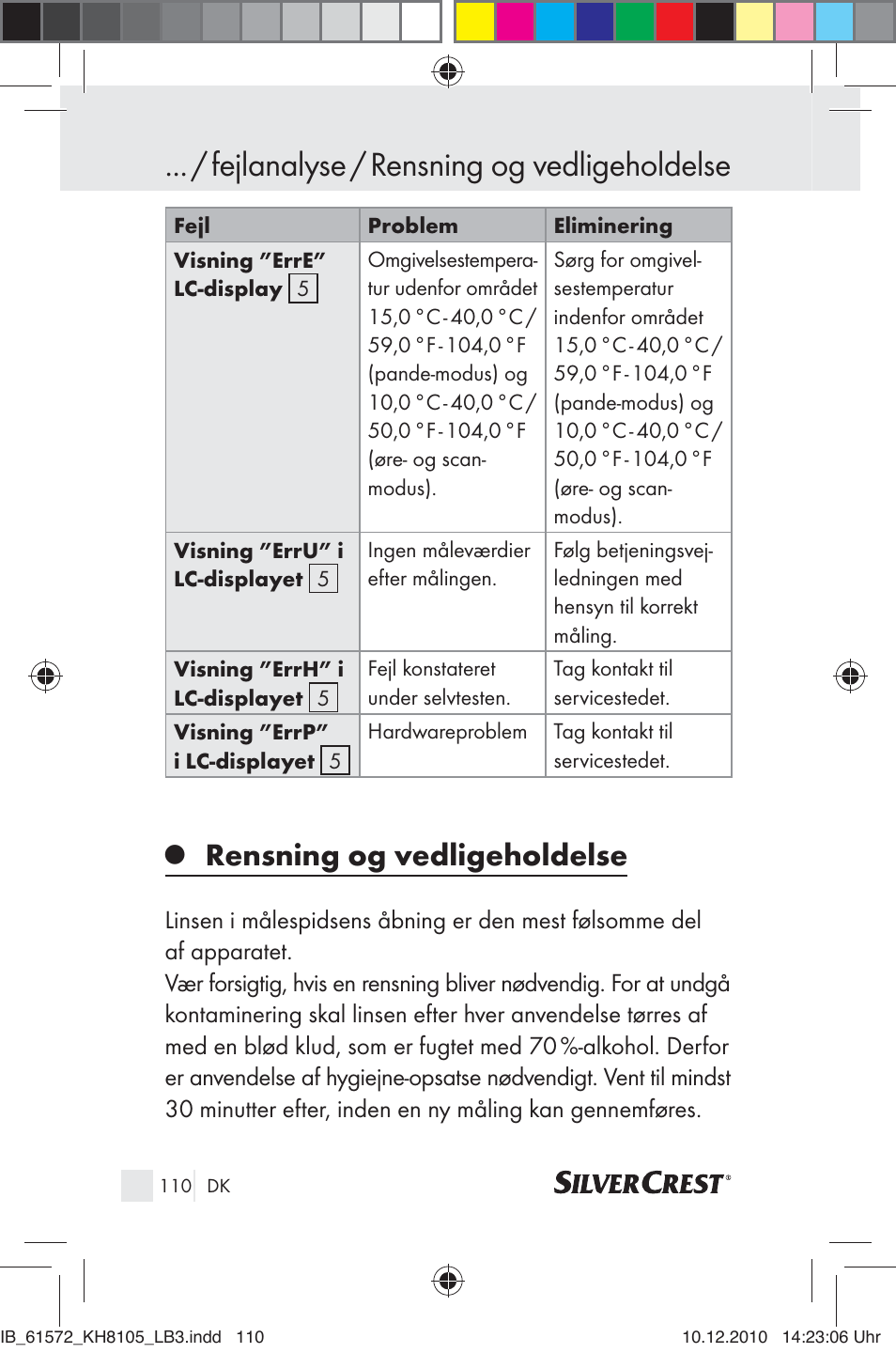 Fejlanalyse / rensning og vedligeholdelse, Rensning og vedligeholdelse | Silvercrest KH 8105 User Manual | Page 108 / 114