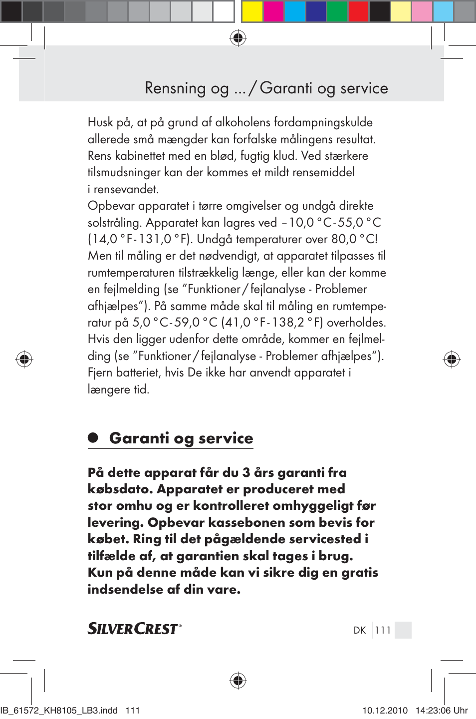 Rensning og ... / garanti og service, Garanti og service | Silvercrest KH 8105 User Manual | Page 109 / 114