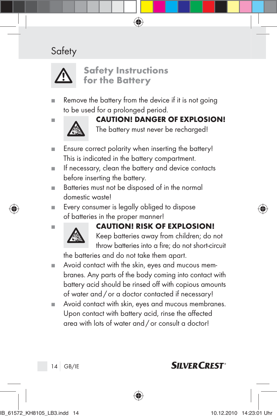 Safety, Safety instructions for the battery | Silvercrest KH 8105 User Manual | Page 12 / 114