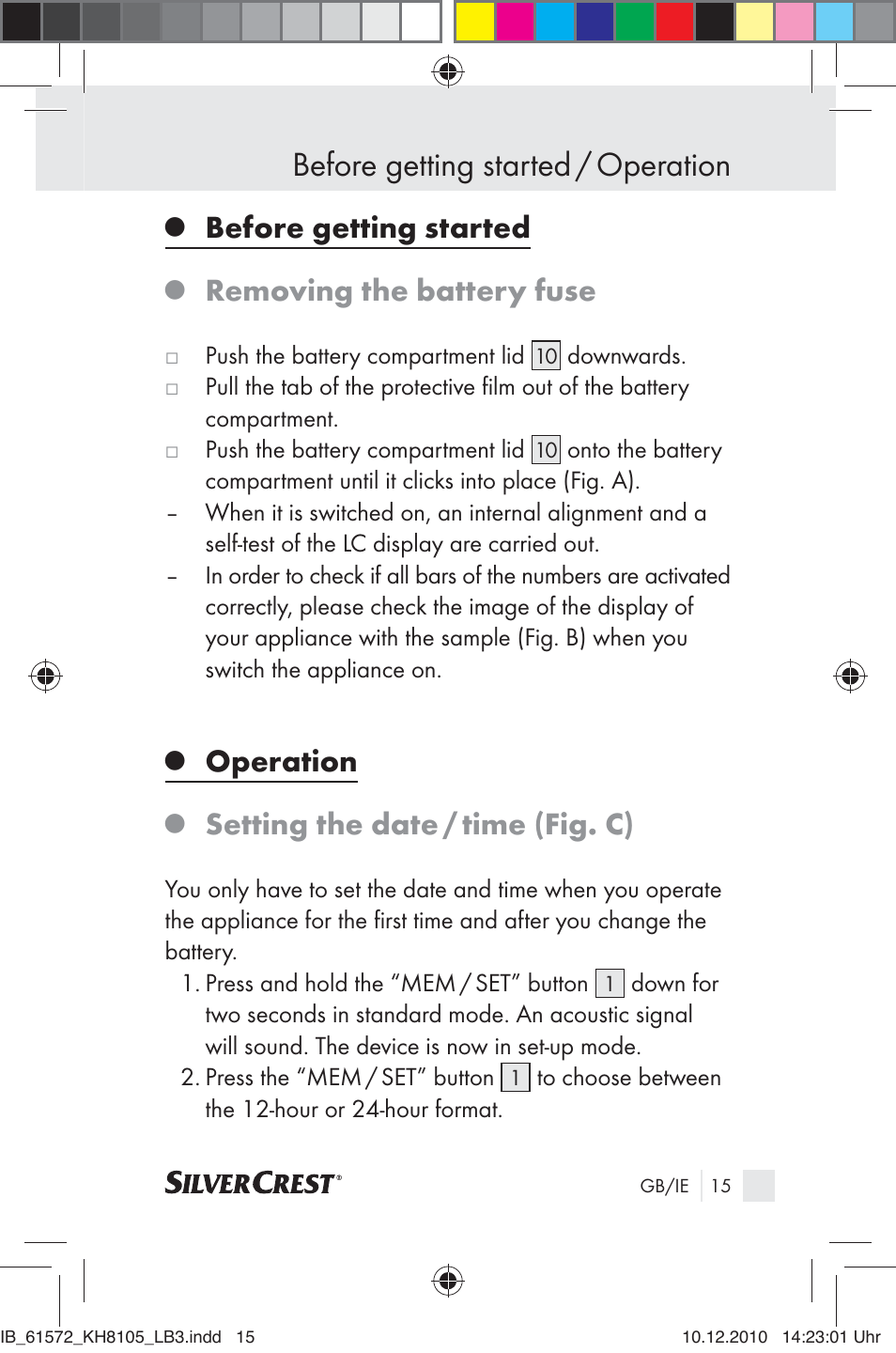 Before getting started / operation, Before getting started, Removing the battery fuse | Operation, Setting the date / time (fig. c) | Silvercrest KH 8105 User Manual | Page 13 / 114