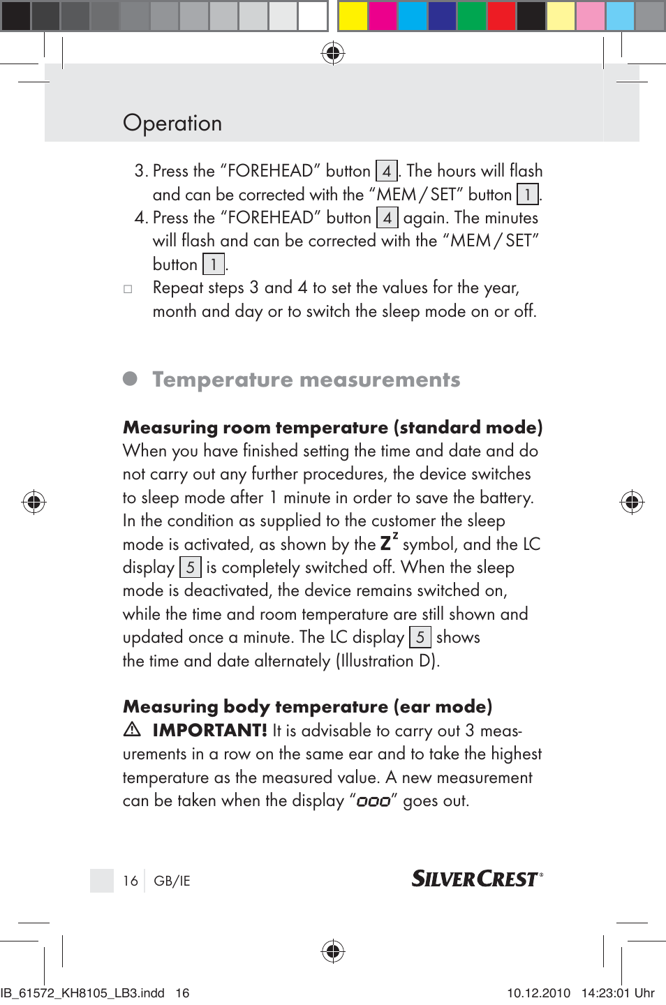 Operation, Temperature measurements | Silvercrest KH 8105 User Manual | Page 14 / 114