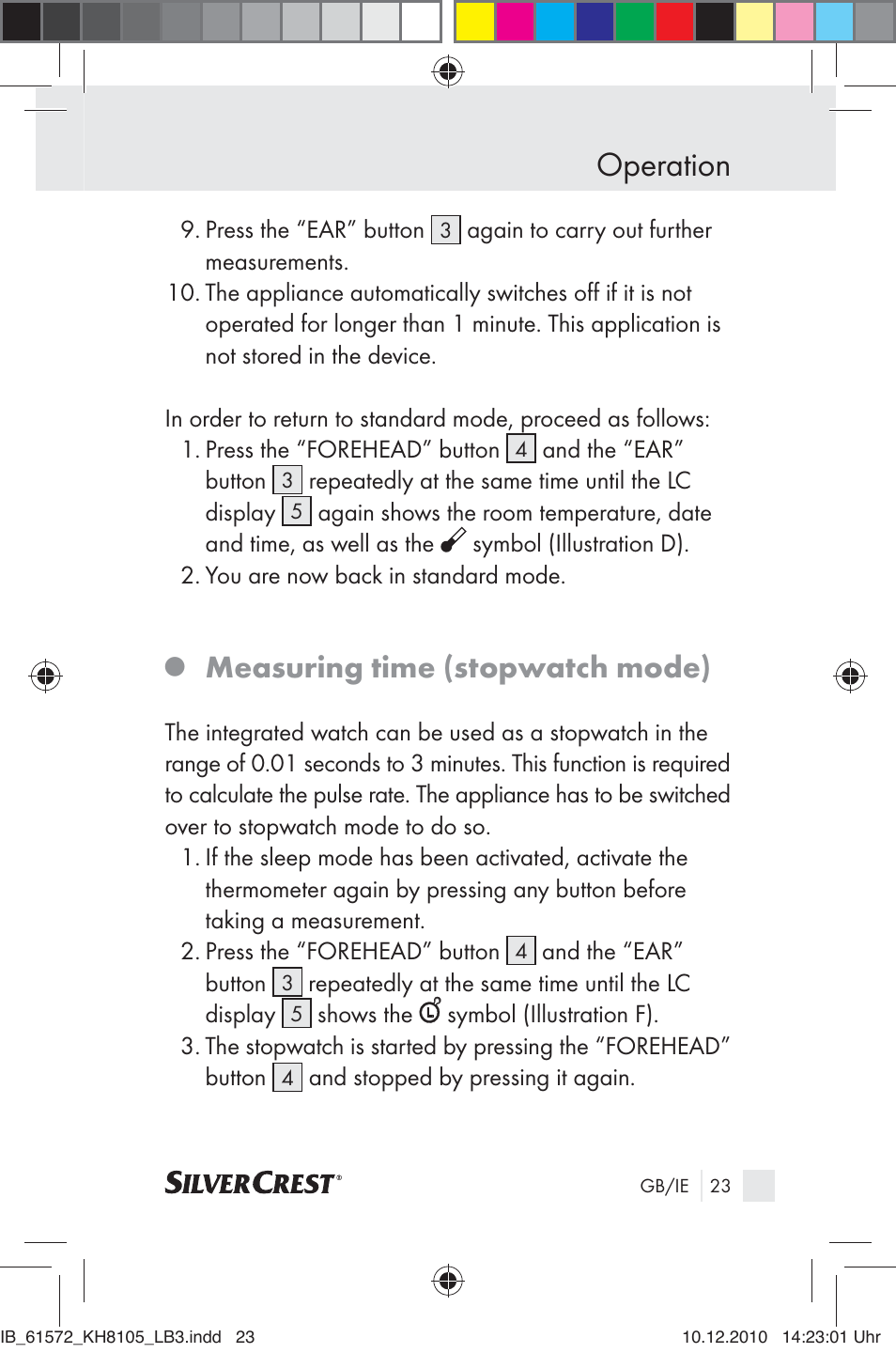 Operation, Measuring time (stopwatch mode) | Silvercrest KH 8105 User Manual | Page 21 / 114