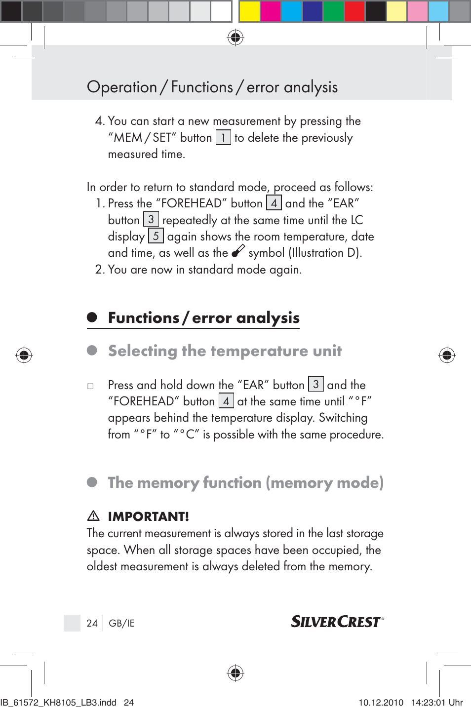 Operation / functions / error analysis, Functions / error analysis, Selecting the temperature unit | Silvercrest KH 8105 User Manual | Page 22 / 114