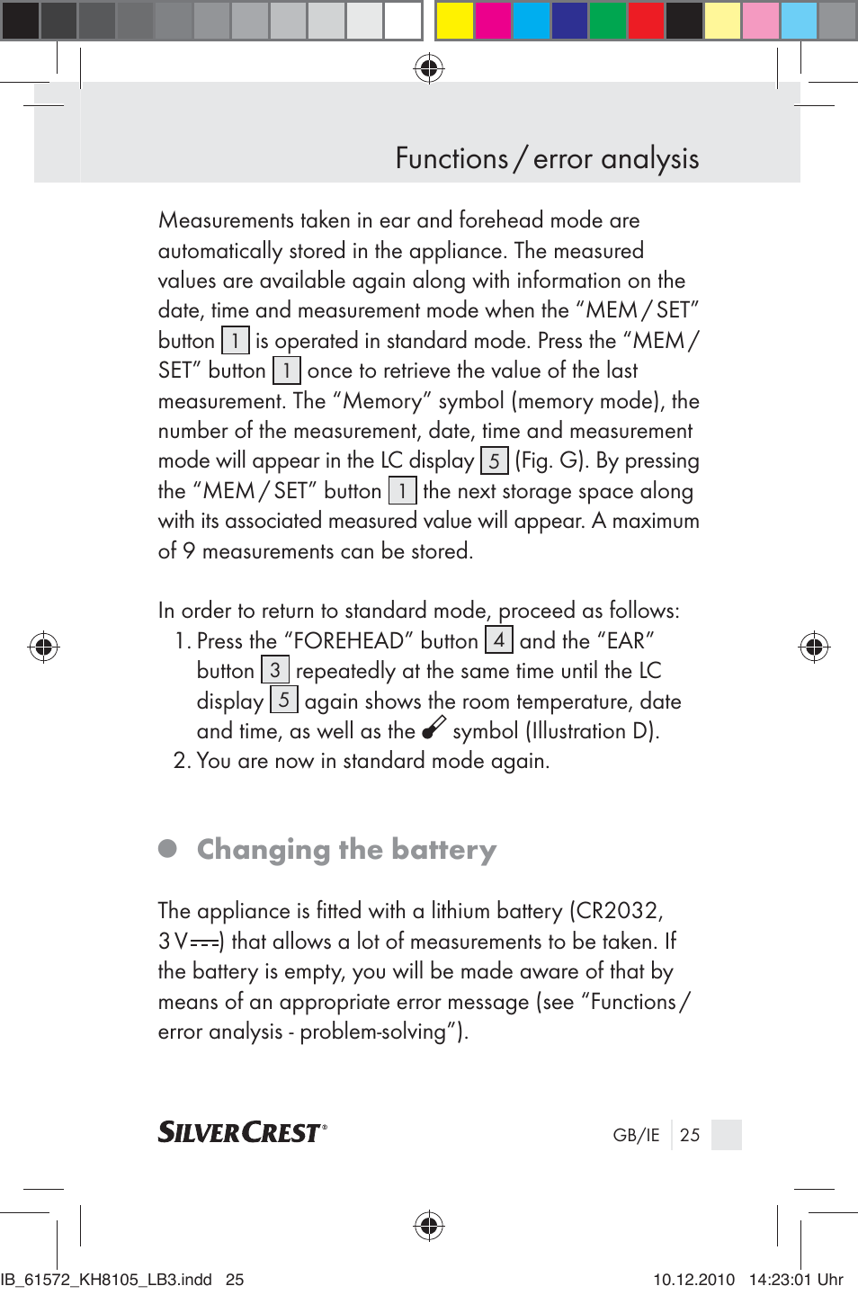 Functions / error analysis, Changing the battery | Silvercrest KH 8105 User Manual | Page 23 / 114