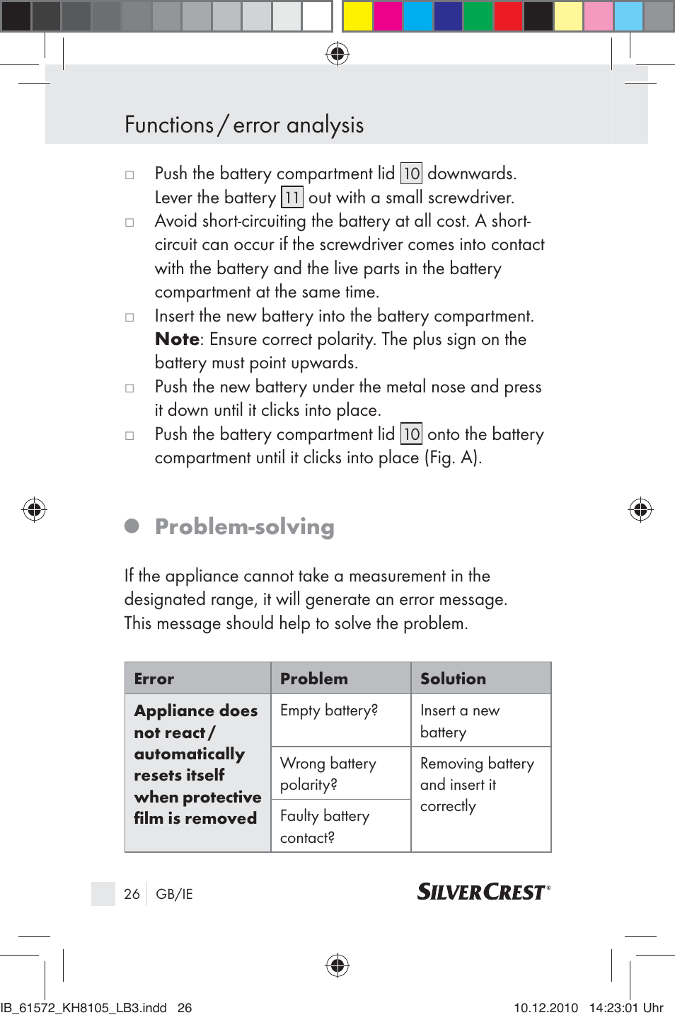 Functions / error analysis, Problem-solving | Silvercrest KH 8105 User Manual | Page 24 / 114