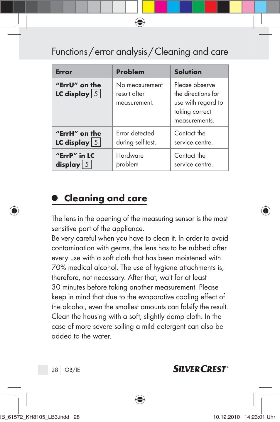 Functions / error analysis / cleaning and care, Cleaning and care | Silvercrest KH 8105 User Manual | Page 26 / 114