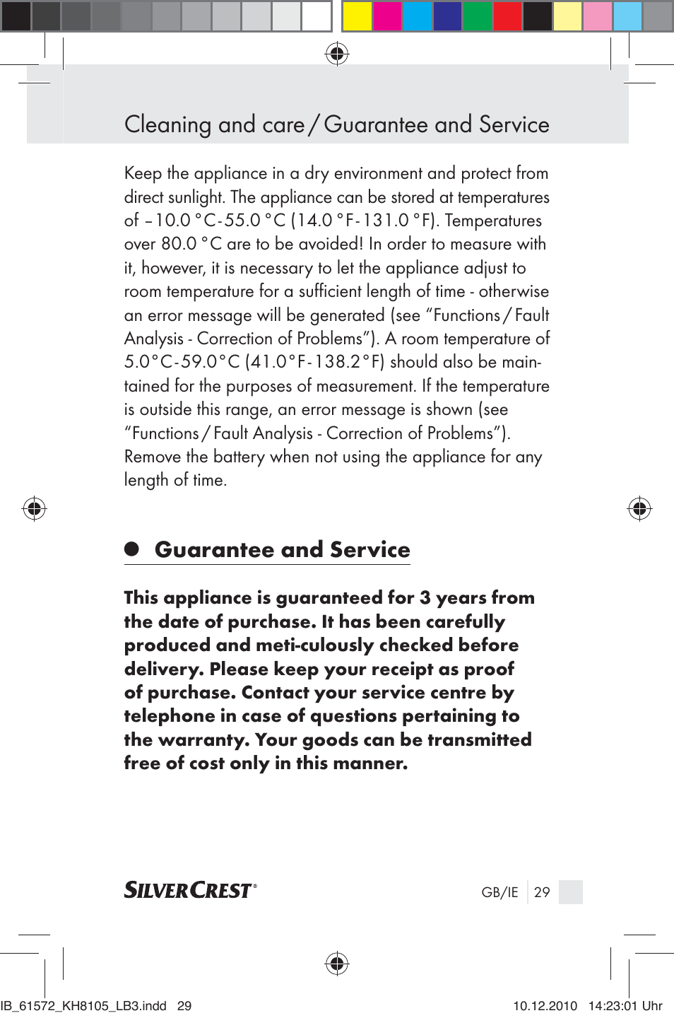 Cleaning and care / guarantee and service, Guarantee and service | Silvercrest KH 8105 User Manual | Page 27 / 114