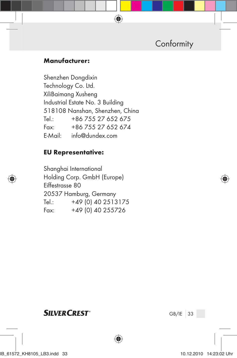 Conformity | Silvercrest KH 8105 User Manual | Page 31 / 114