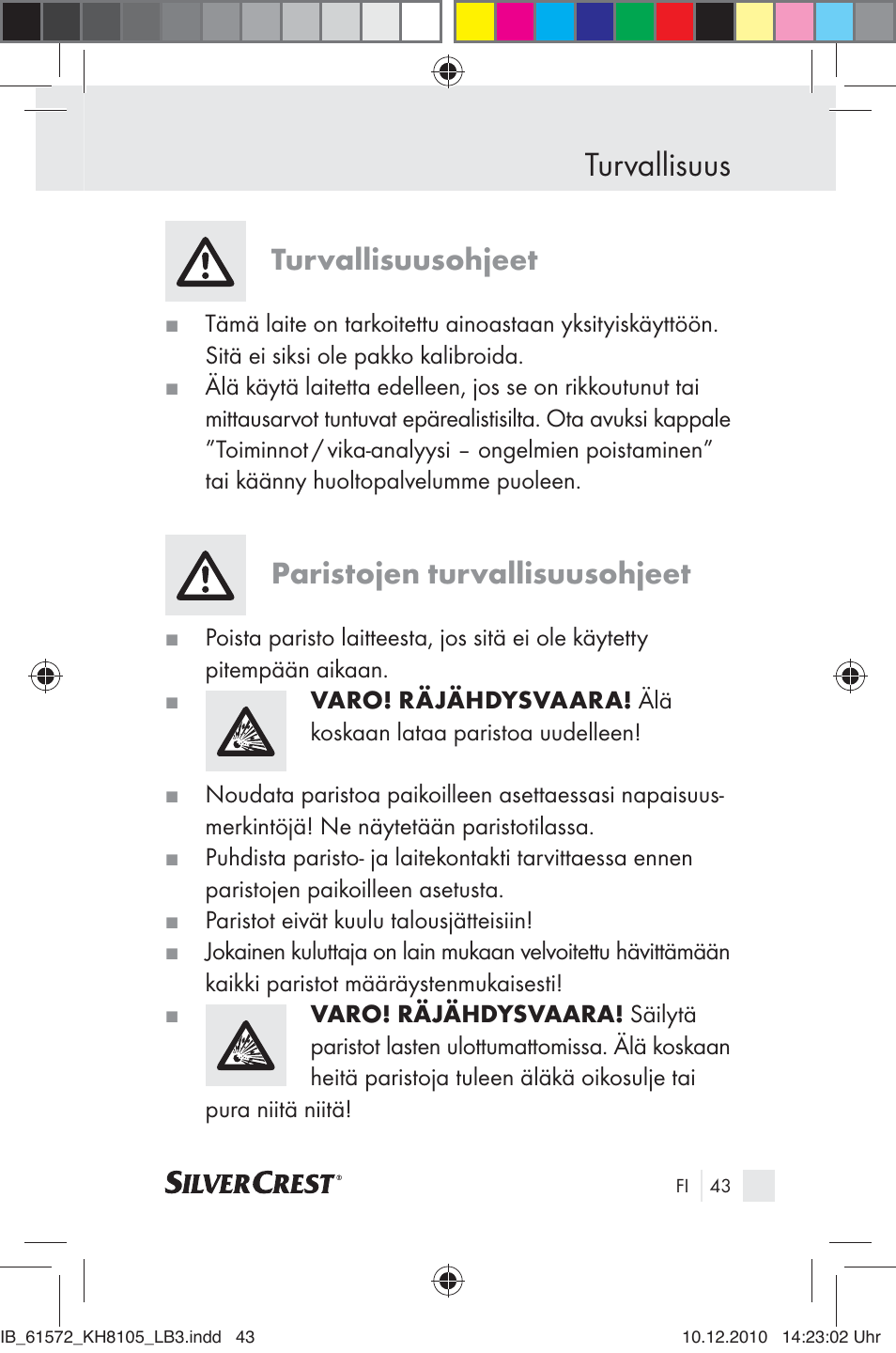 Turvallisuus, Turvallisuusohjeet, Paristojen turvallisuusohjeet | Silvercrest KH 8105 User Manual | Page 41 / 114