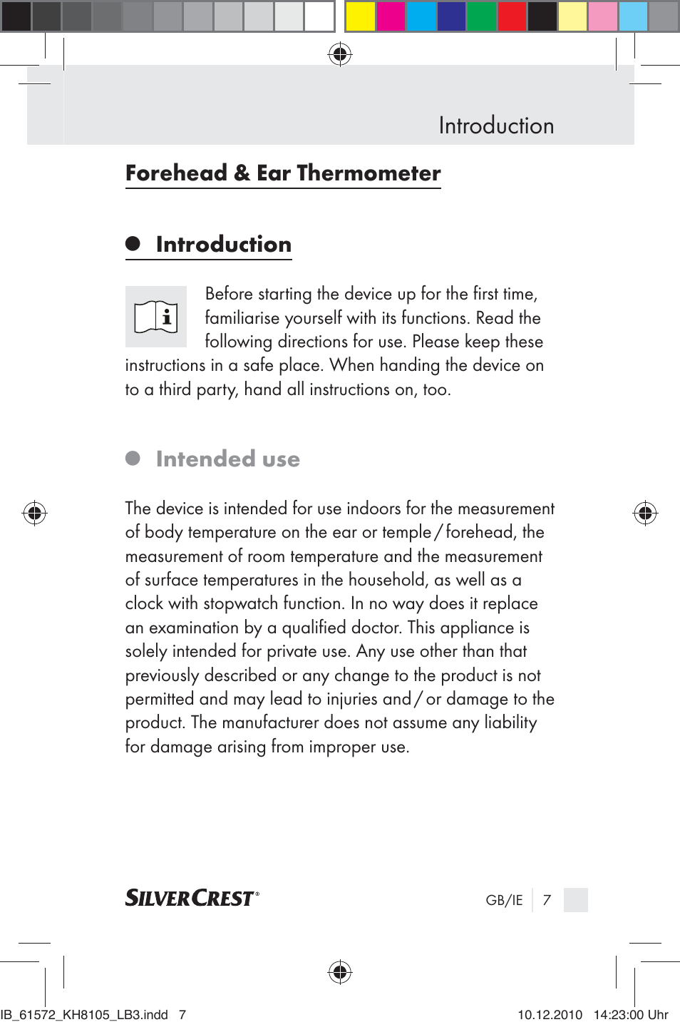 Introduction, Forehead & ear thermometer, Intended use | Silvercrest KH 8105 User Manual | Page 5 / 114