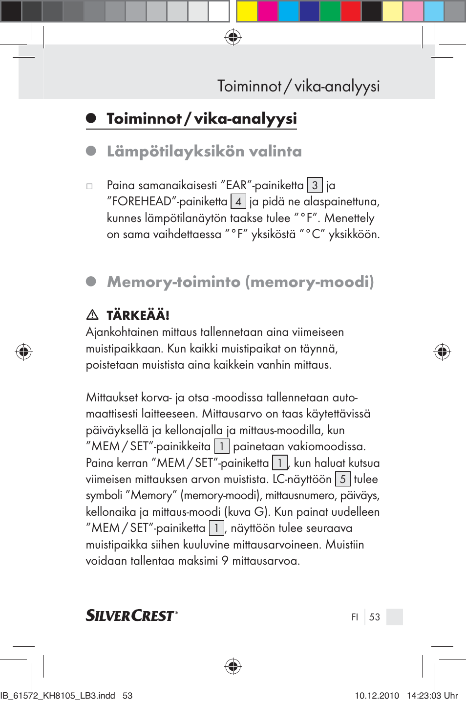 Toiminnot / vika-analyysi, Lämpötilayksikön valinta | Silvercrest KH 8105 User Manual | Page 51 / 114