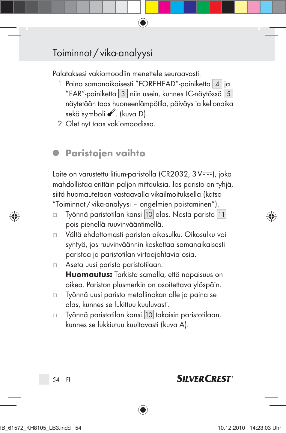 Toiminnot / vika-analyysi, Paristojen vaihto | Silvercrest KH 8105 User Manual | Page 52 / 114