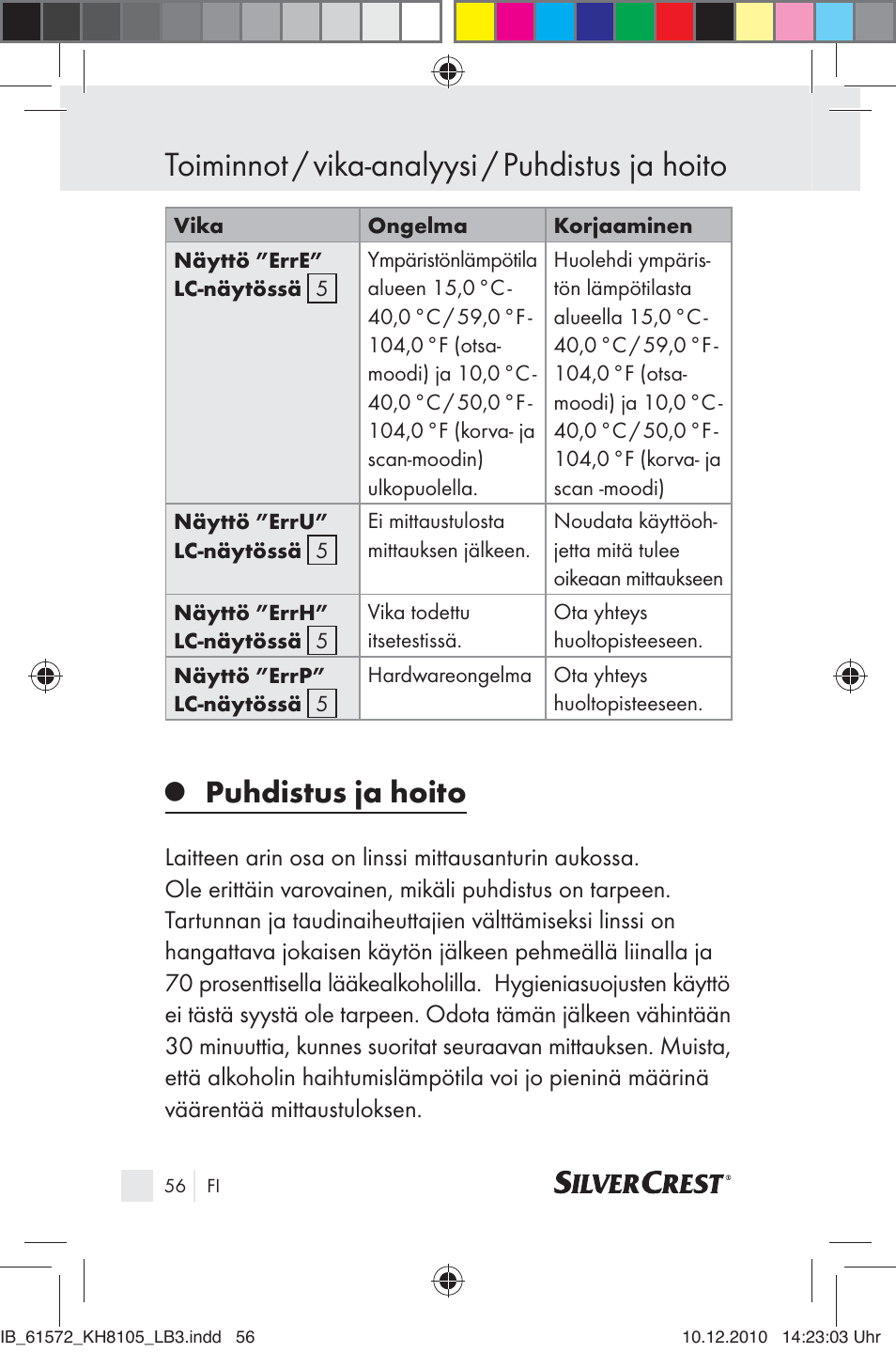 Toiminnot / vika-analyysi / puhdistus ja hoito, Puhdistus ja hoito | Silvercrest KH 8105 User Manual | Page 54 / 114