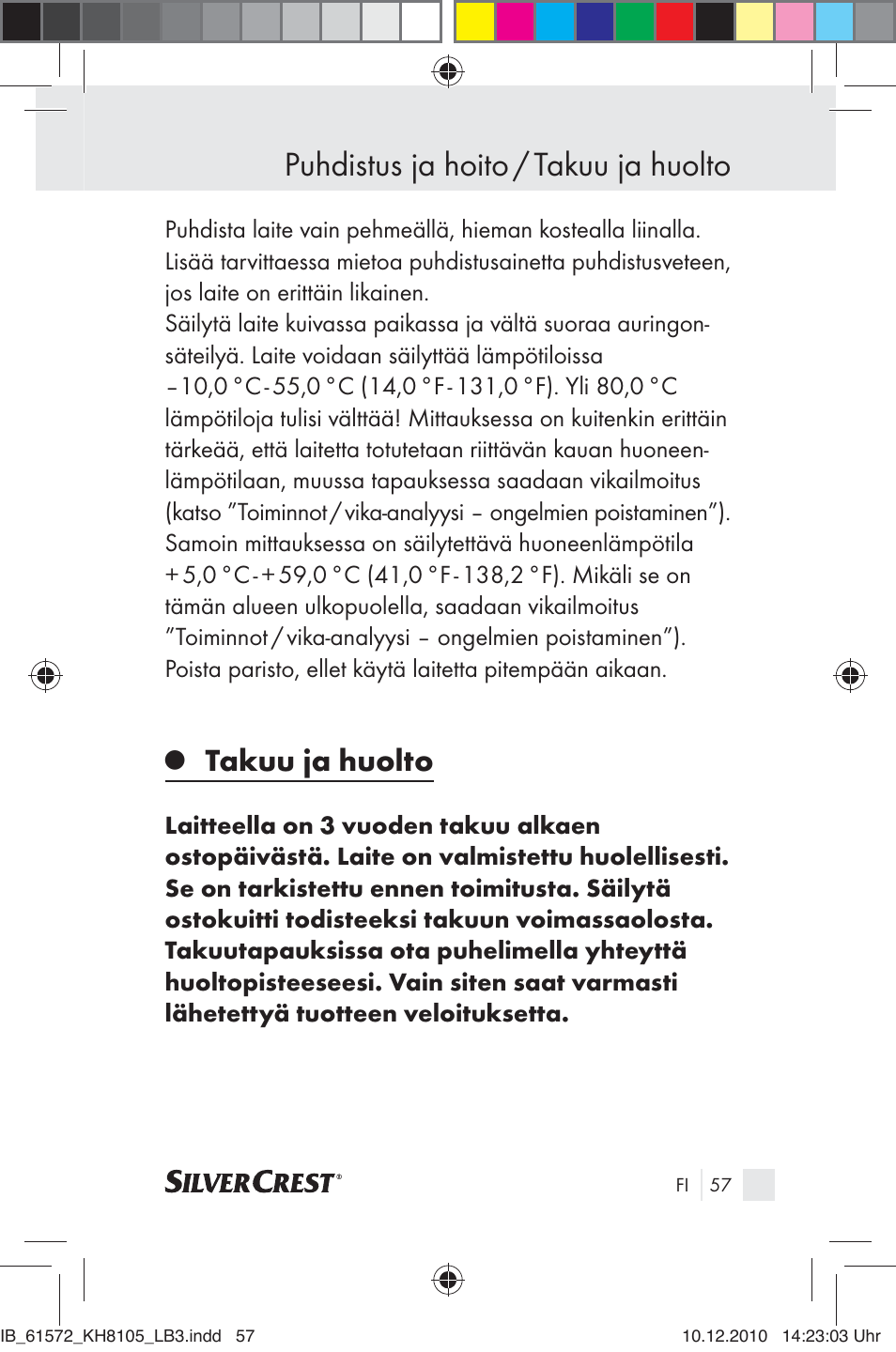 Puhdistus ja hoito / takuu ja huolto, Takuu ja huolto | Silvercrest KH 8105 User Manual | Page 55 / 114