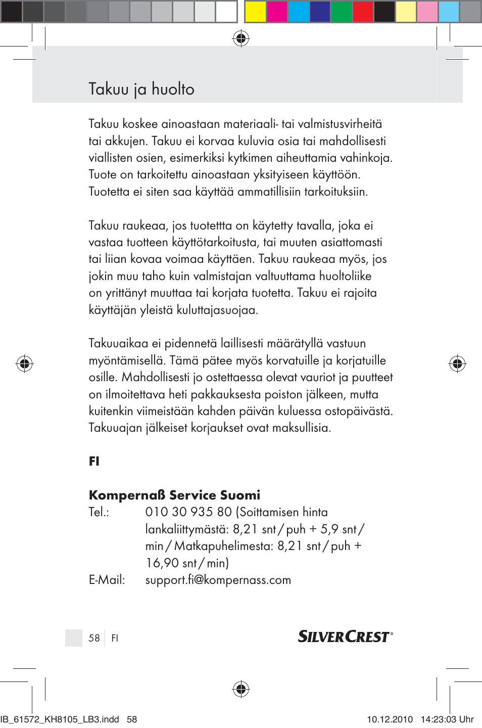 Takuu ja huolto | Silvercrest KH 8105 User Manual | Page 56 / 114