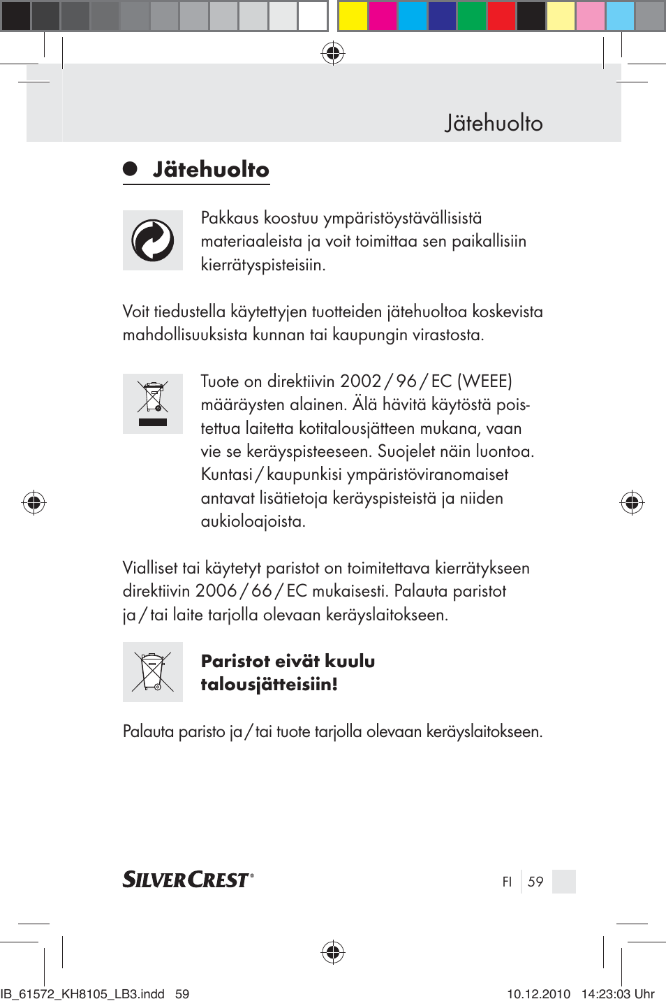 Jätehuolto | Silvercrest KH 8105 User Manual | Page 57 / 114