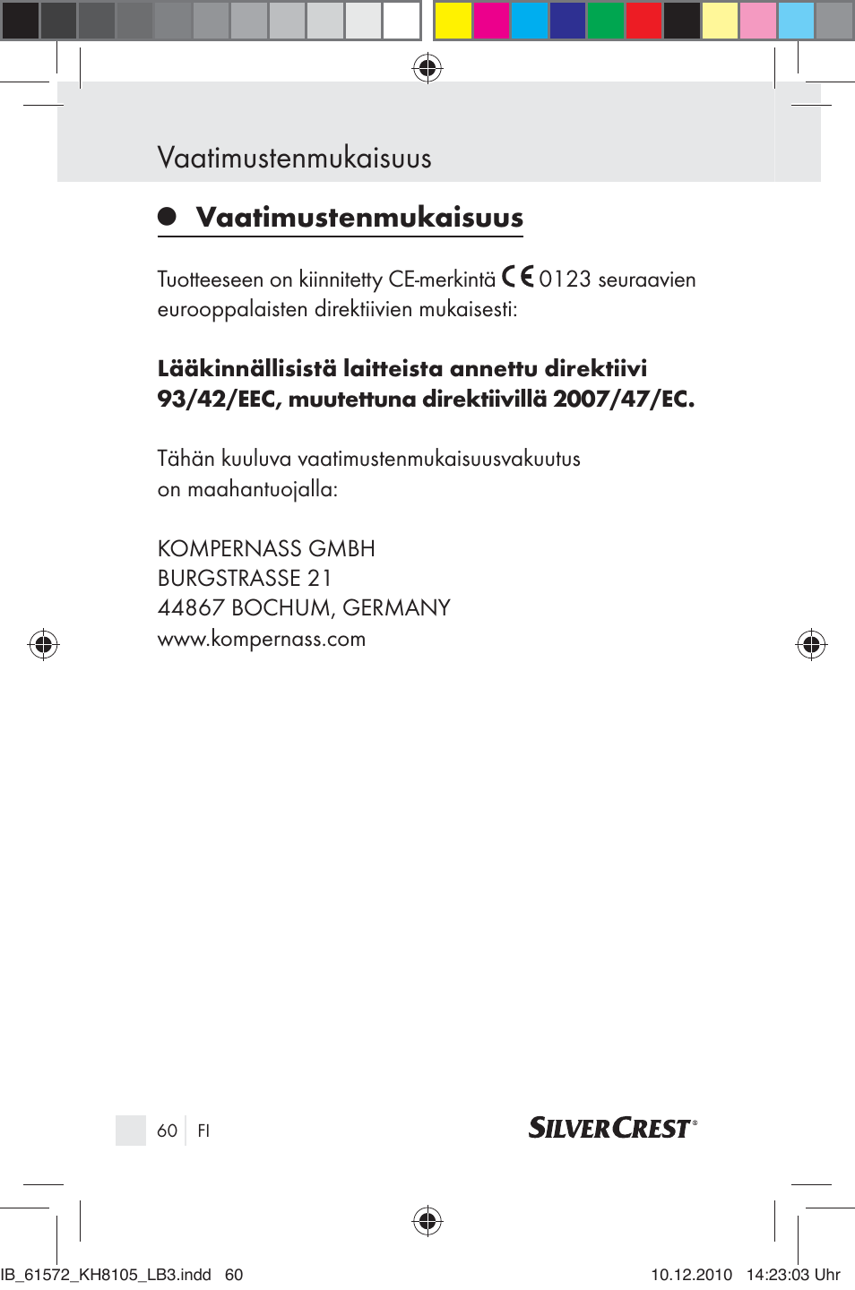Vaatimustenmukaisuus | Silvercrest KH 8105 User Manual | Page 58 / 114