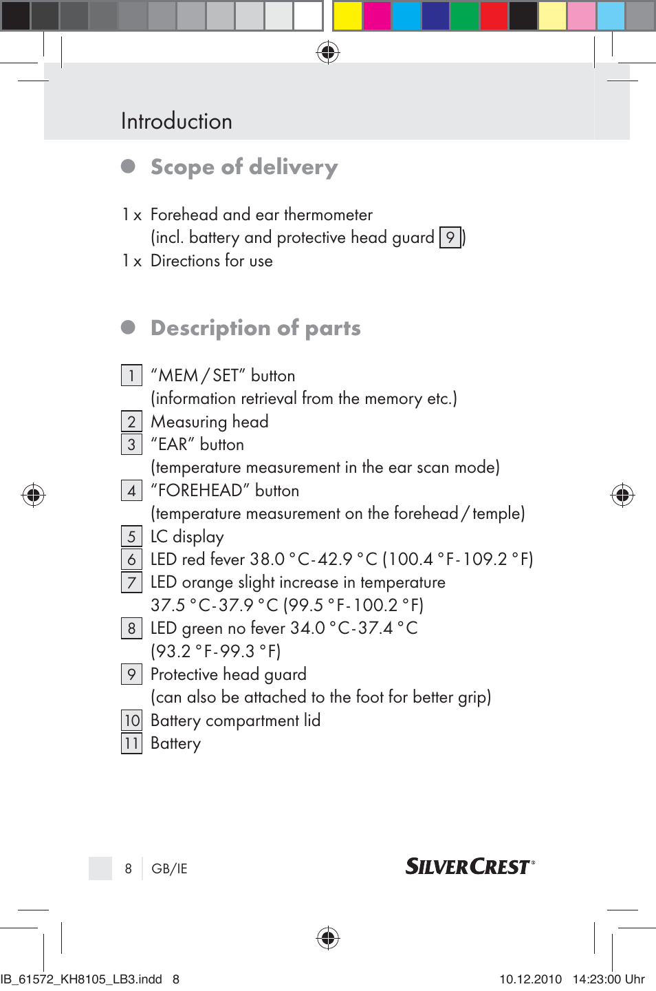 Introduction, Scope of delivery, Description of parts | Silvercrest KH 8105 User Manual | Page 6 / 114