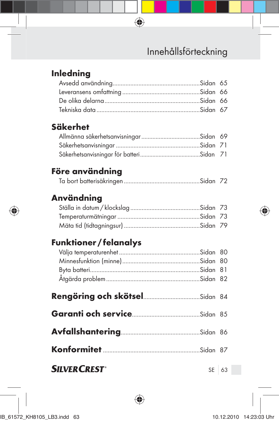 Innehållsförteckning, Inledning, Säkerhet | Före användning, Användning, Funktioner / felanalys, Rengöring och skötsel, Garanti och service, Avfallshantering, Konformitet | Silvercrest KH 8105 User Manual | Page 61 / 114