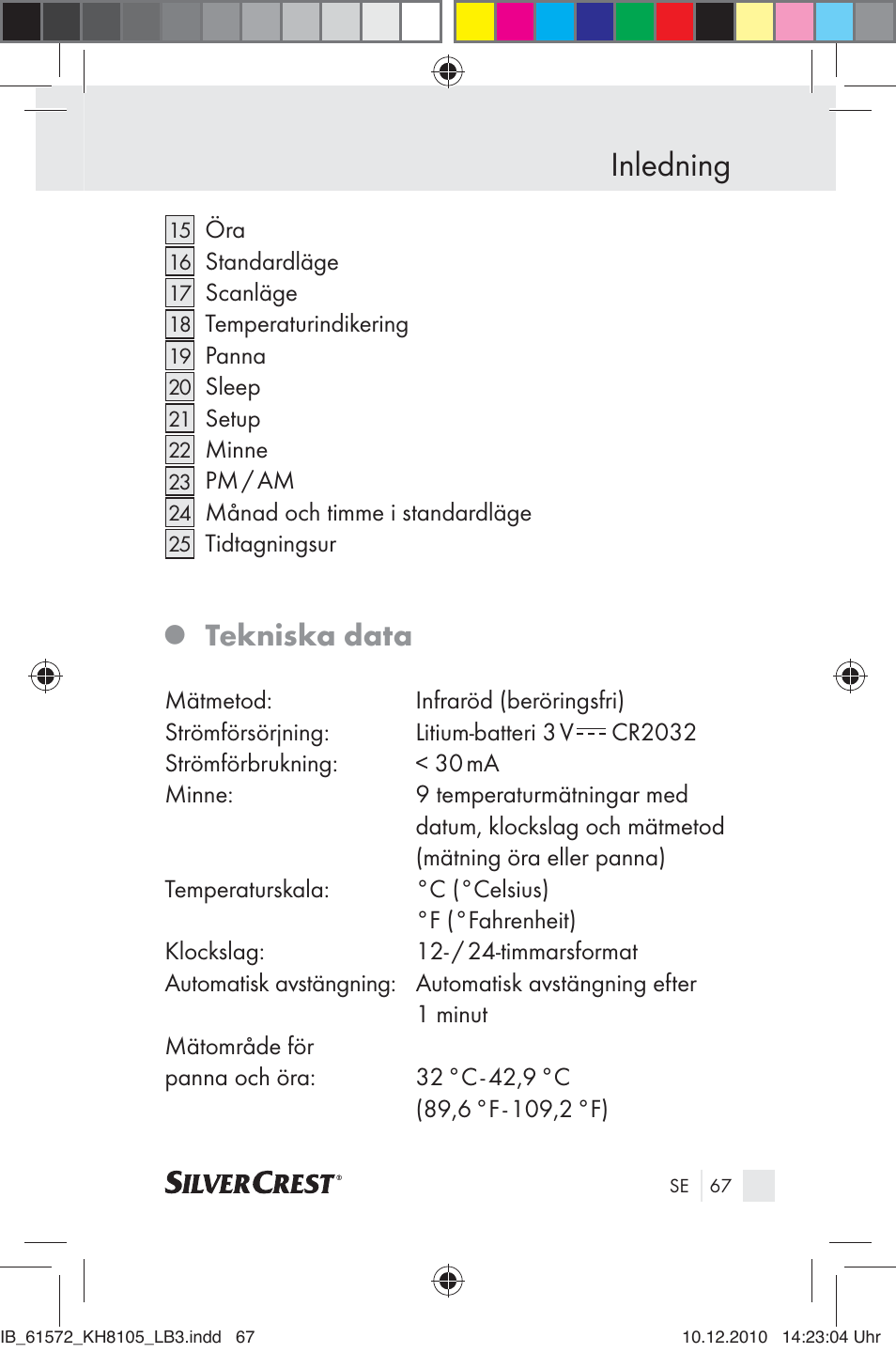 Inledning, Tekniska data | Silvercrest KH 8105 User Manual | Page 65 / 114