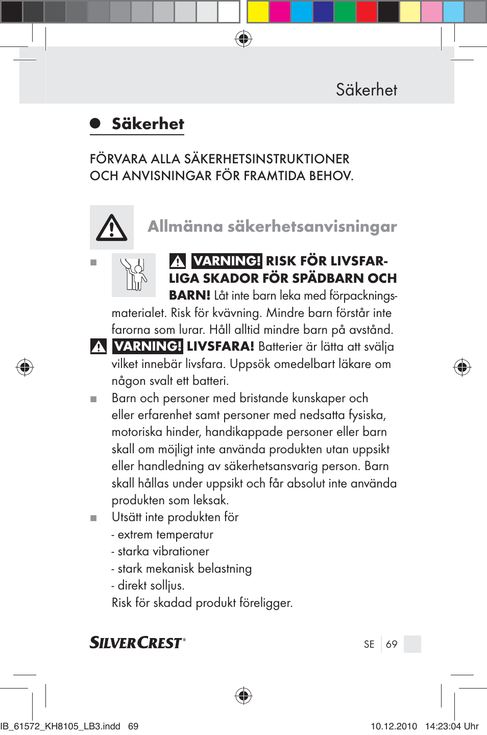 Säkerhet, Allmänna säkerhetsanvisningar | Silvercrest KH 8105 User Manual | Page 67 / 114