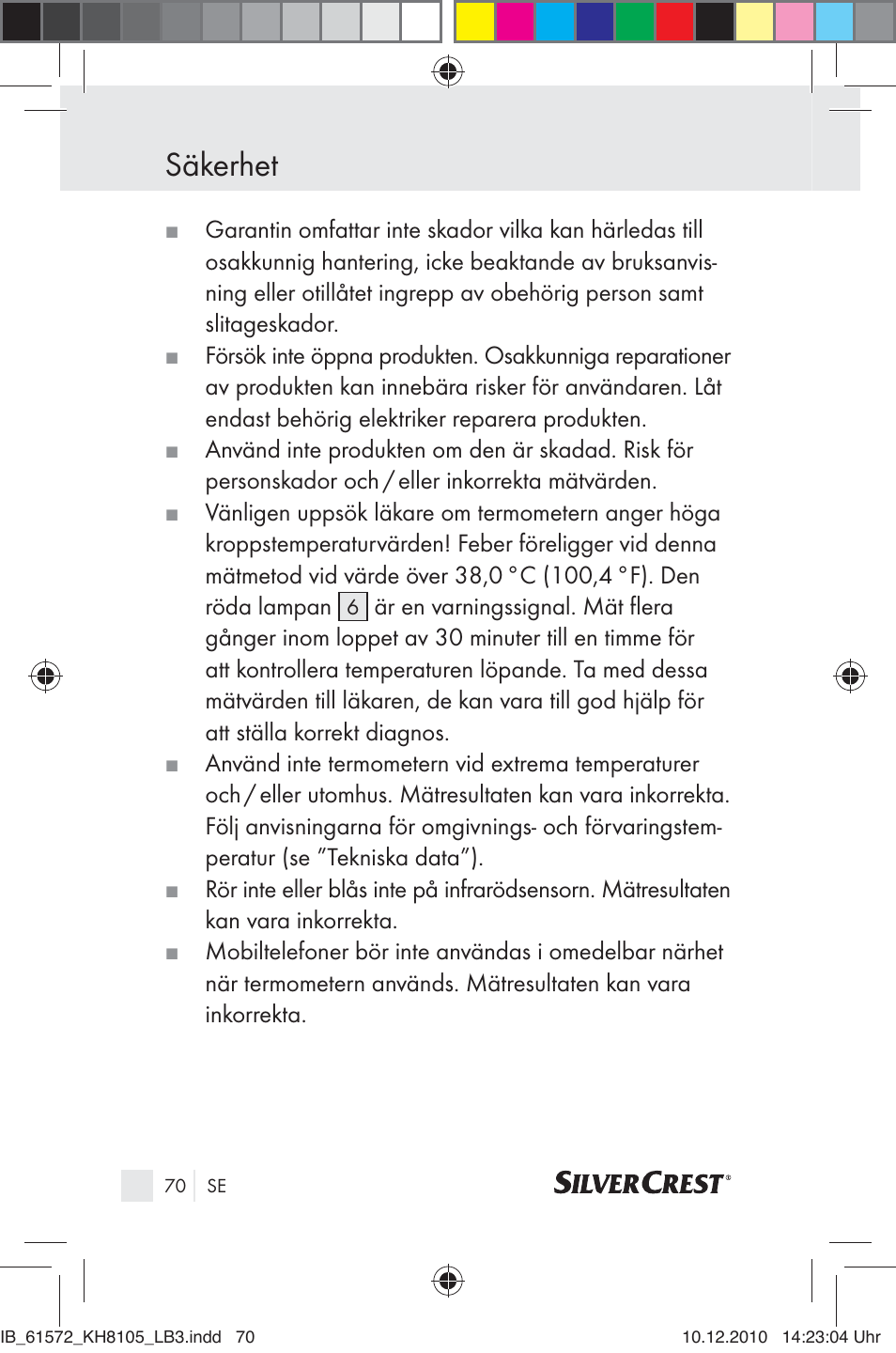 Säkerhet | Silvercrest KH 8105 User Manual | Page 68 / 114
