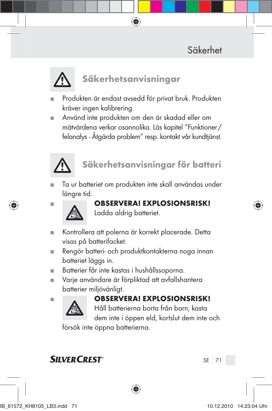 Säkerhet, Säkerhetsanvisningar, Säkerhetsanvisningar för batteri | Silvercrest KH 8105 User Manual | Page 69 / 114