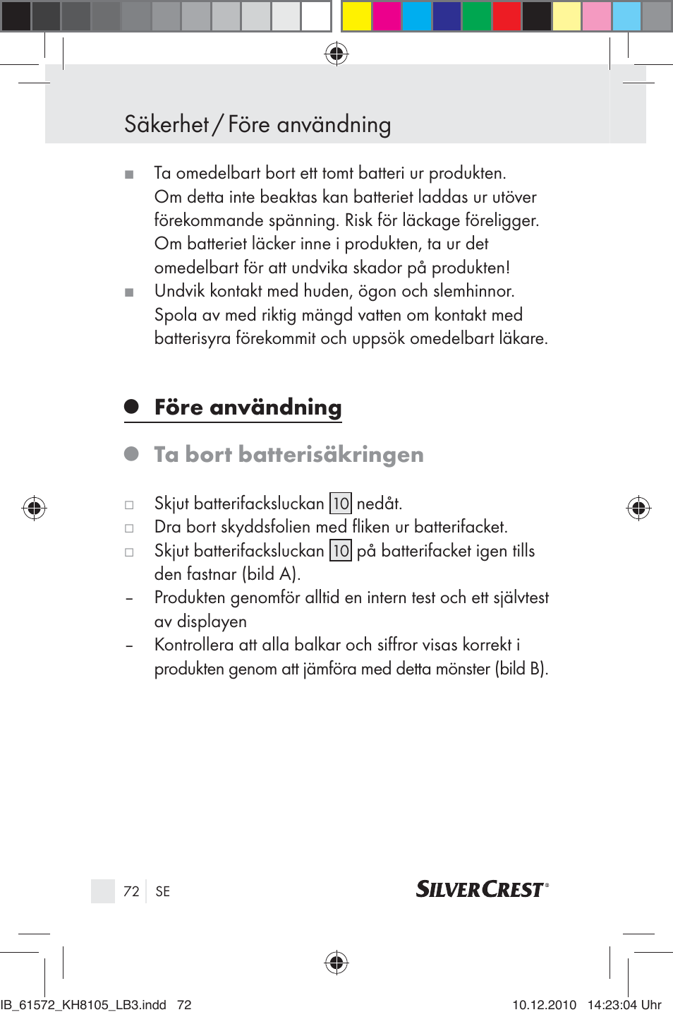 Säkerhet / före användning, Före användning, Ta bort batterisäkringen | Silvercrest KH 8105 User Manual | Page 70 / 114