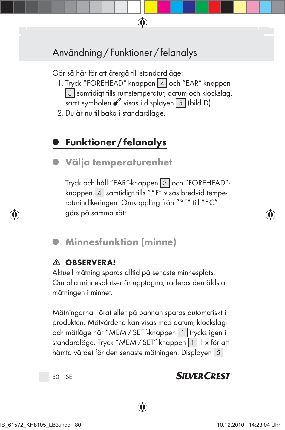 Användning / funktioner / felanalys, Funktioner / felanalys, Välja temperaturenhet | Minnesfunktion (minne) | Silvercrest KH 8105 User Manual | Page 78 / 114