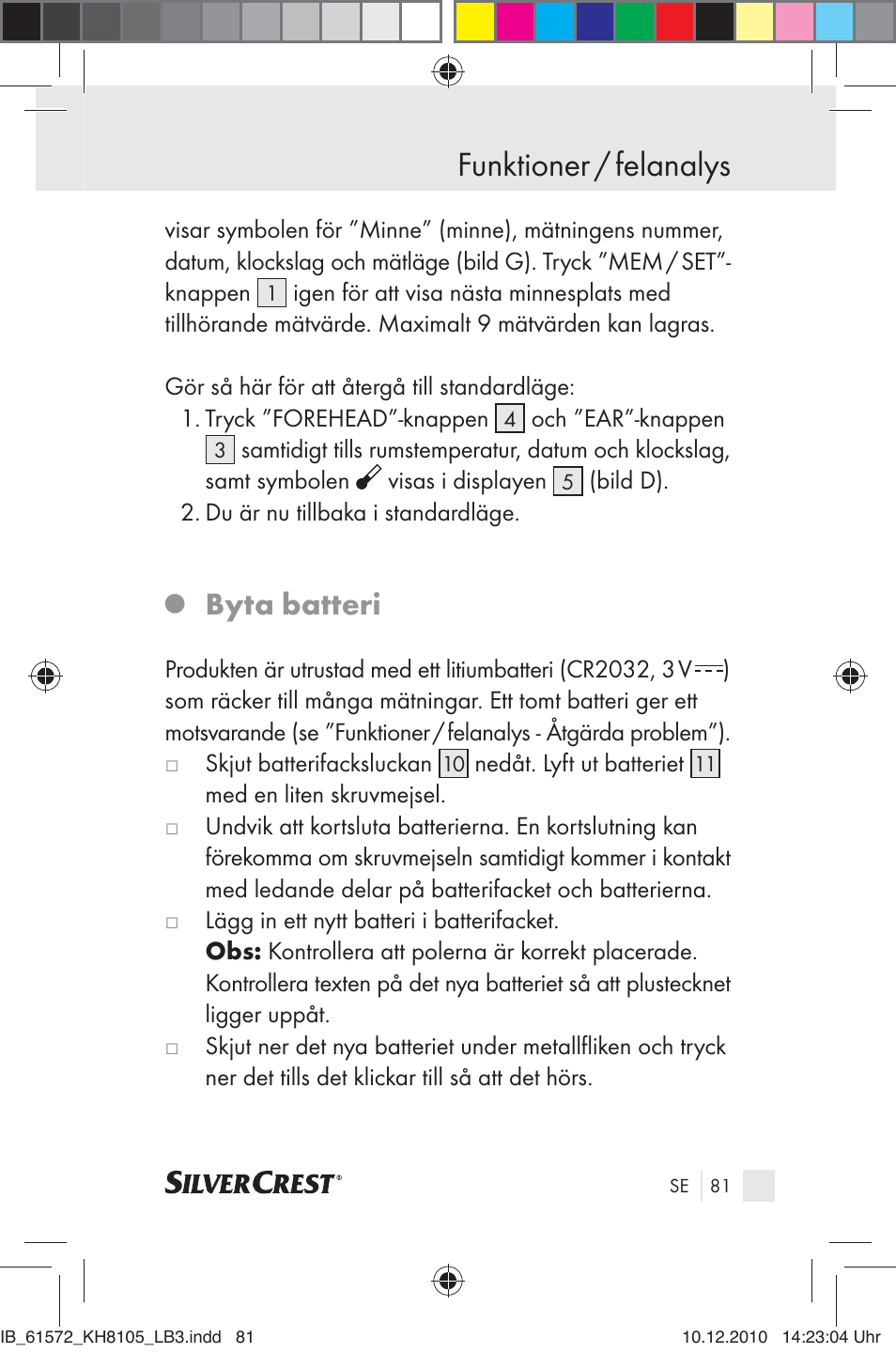 Funktioner / felanalys, Byta batteri | Silvercrest KH 8105 User Manual | Page 79 / 114