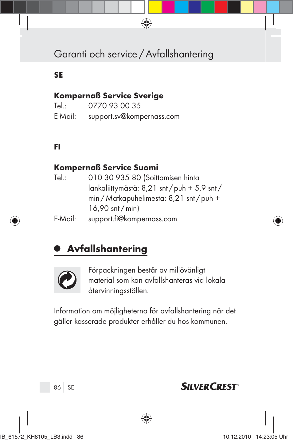 Garanti och service / avfallshantering, Avfallshantering | Silvercrest KH 8105 User Manual | Page 84 / 114