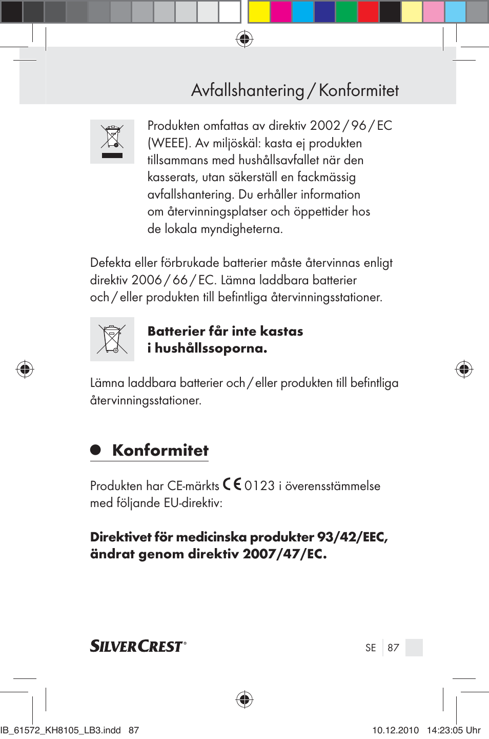 Avfallshantering / konformitet, Konformitet | Silvercrest KH 8105 User Manual | Page 85 / 114