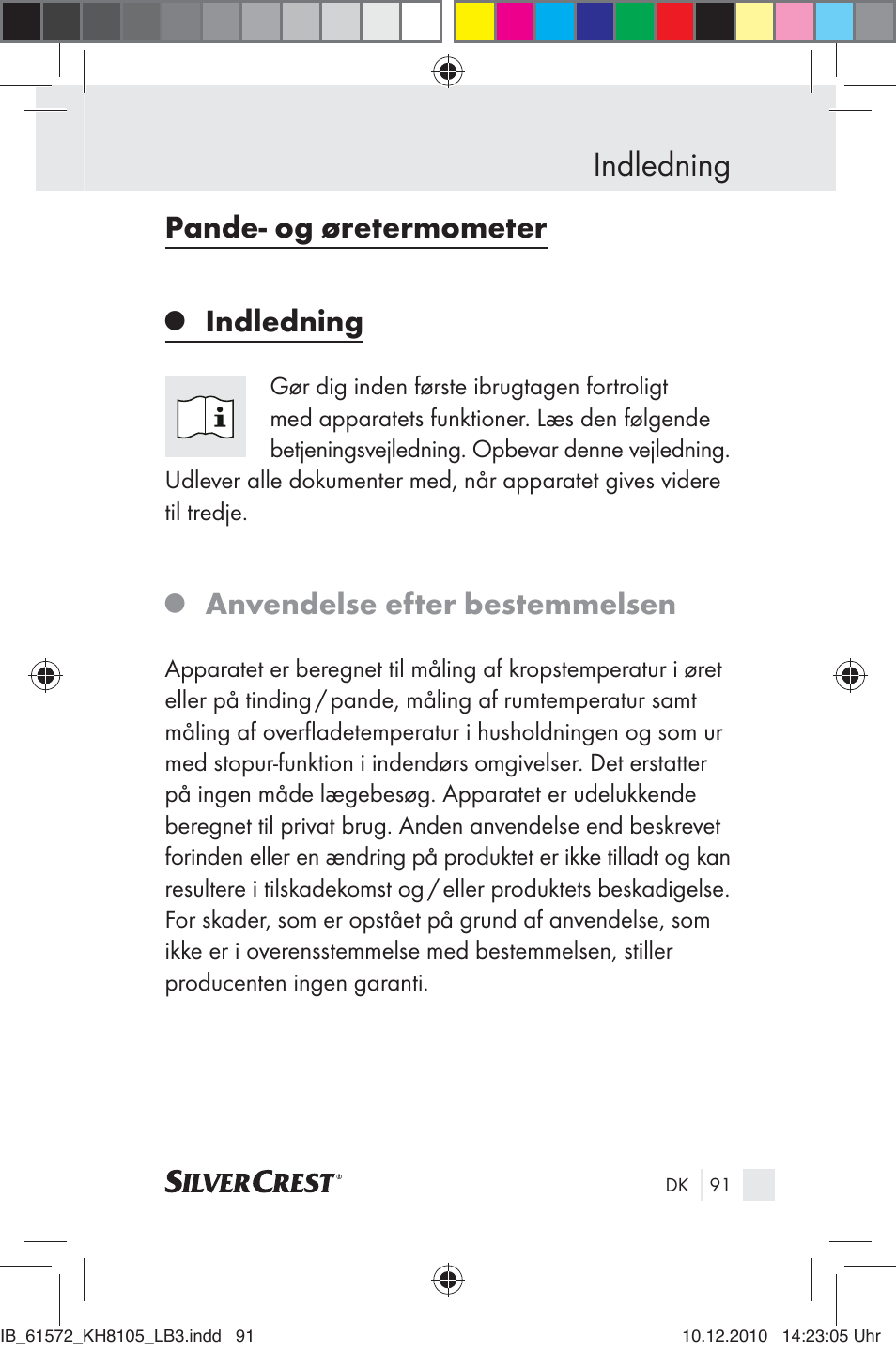 Indledning, Pande- og øretermometer, Anvendelse efter bestemmelsen | Silvercrest KH 8105 User Manual | Page 89 / 114