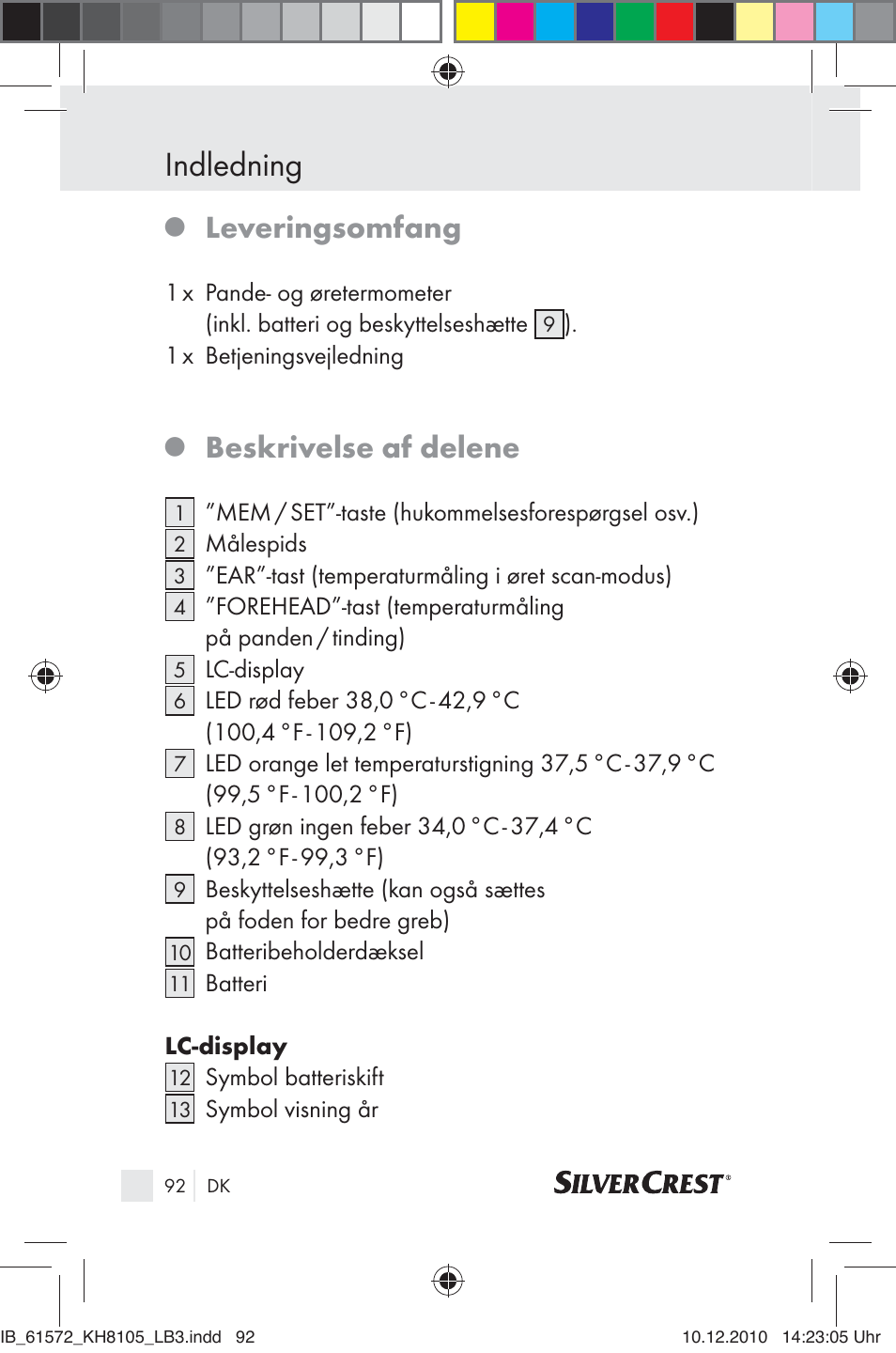 Indledning, Leveringsomfang, Beskrivelse af delene | Silvercrest KH 8105 User Manual | Page 90 / 114