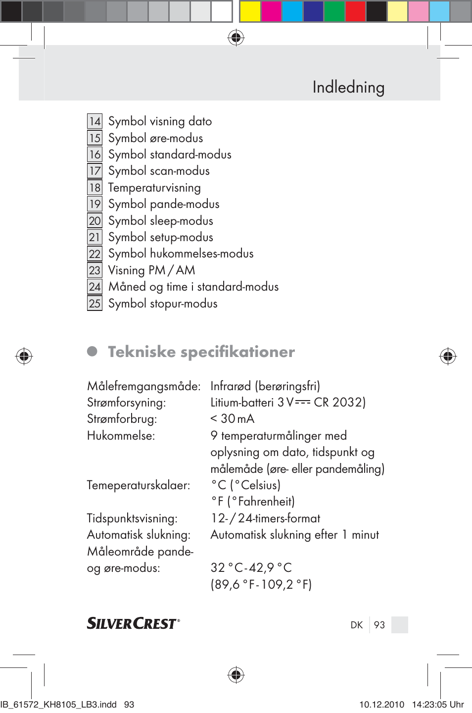 Indledning, Tekniske speciﬁ kationer | Silvercrest KH 8105 User Manual | Page 91 / 114
