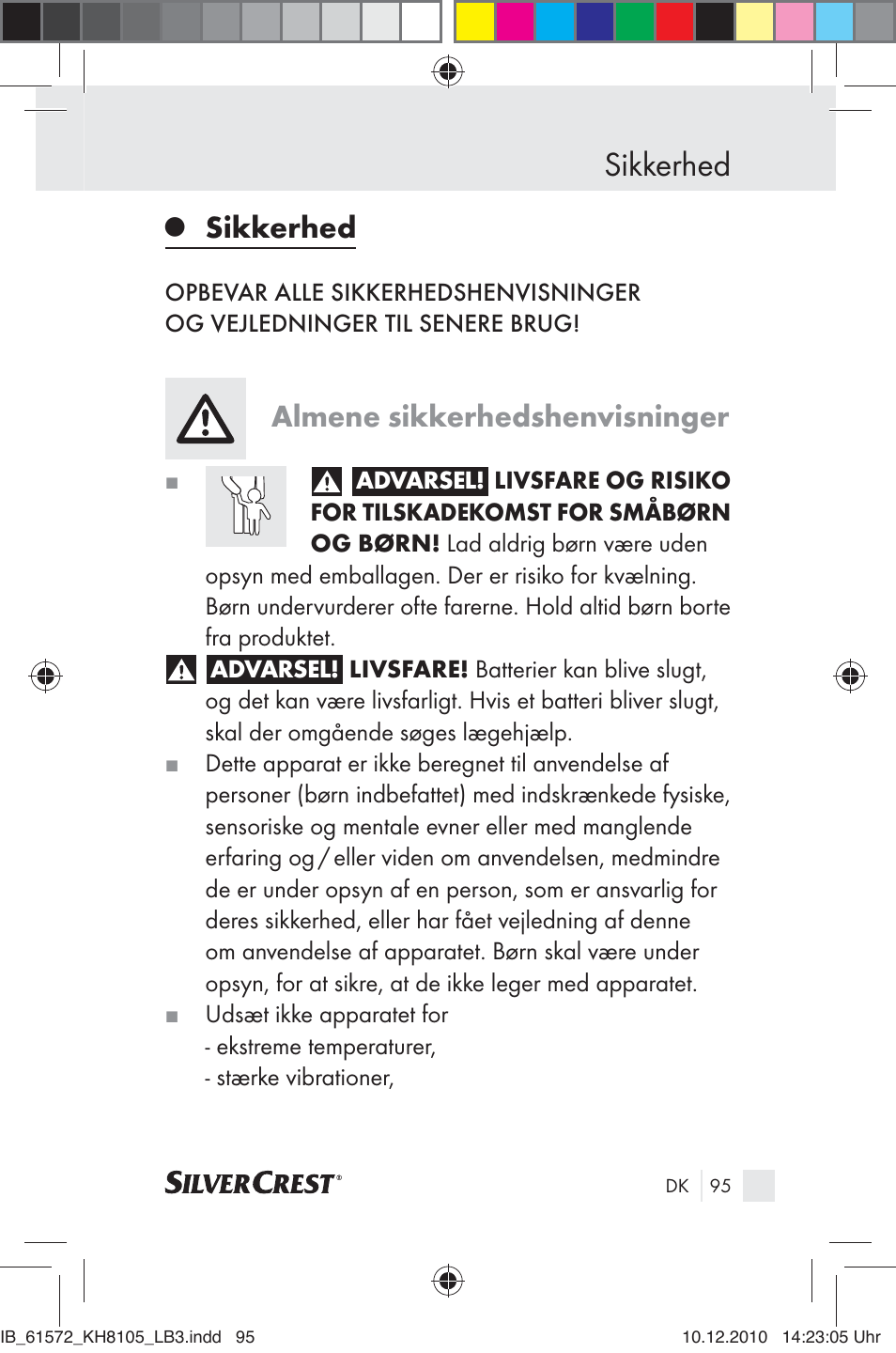 Sikkerhed, Almene sikkerhedshenvisninger | Silvercrest KH 8105 User Manual | Page 93 / 114