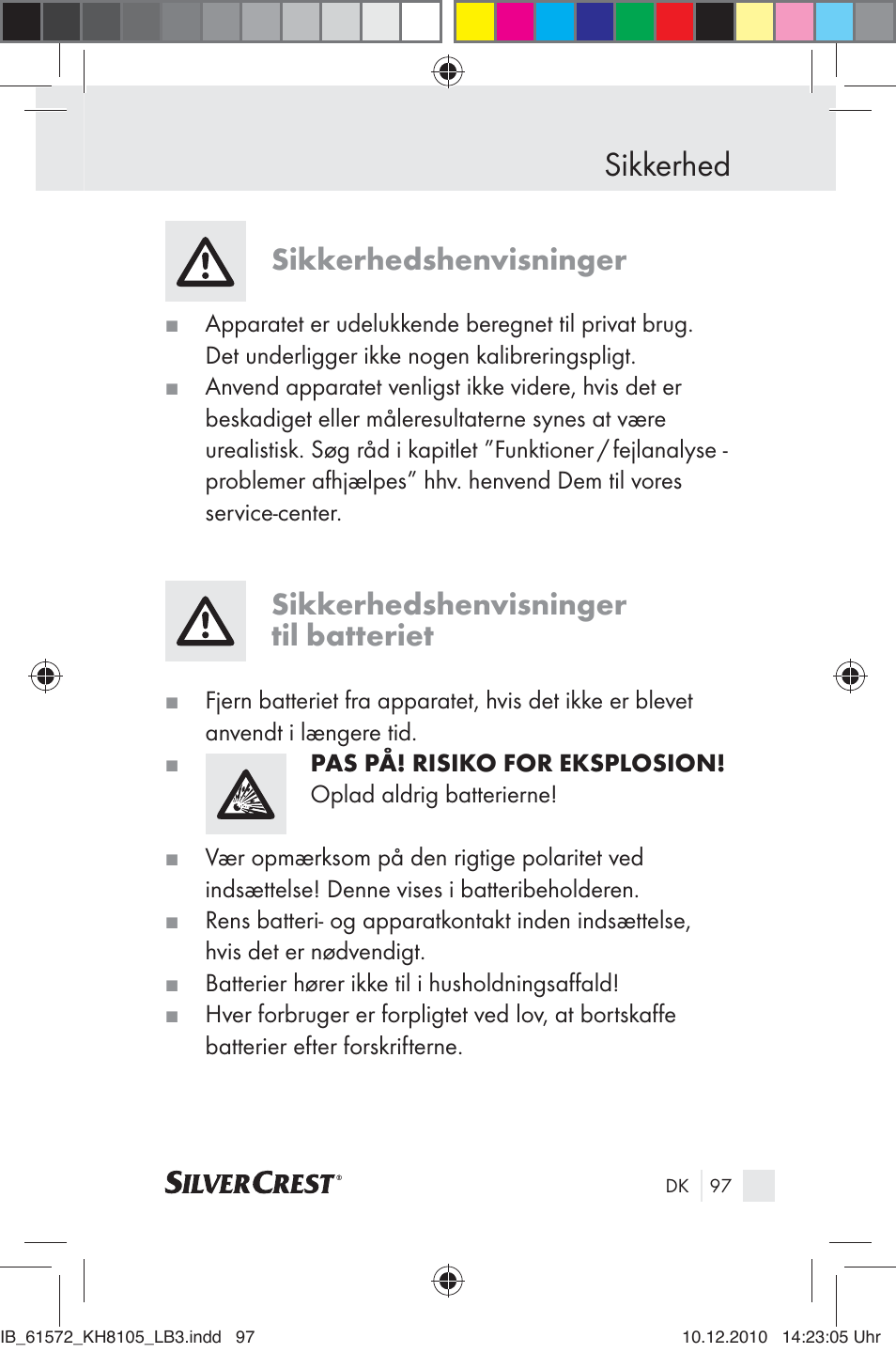 Sikkerhed, Sikkerhedshenvisninger, Sikkerhedshenvisninger til batteriet | Silvercrest KH 8105 User Manual | Page 95 / 114