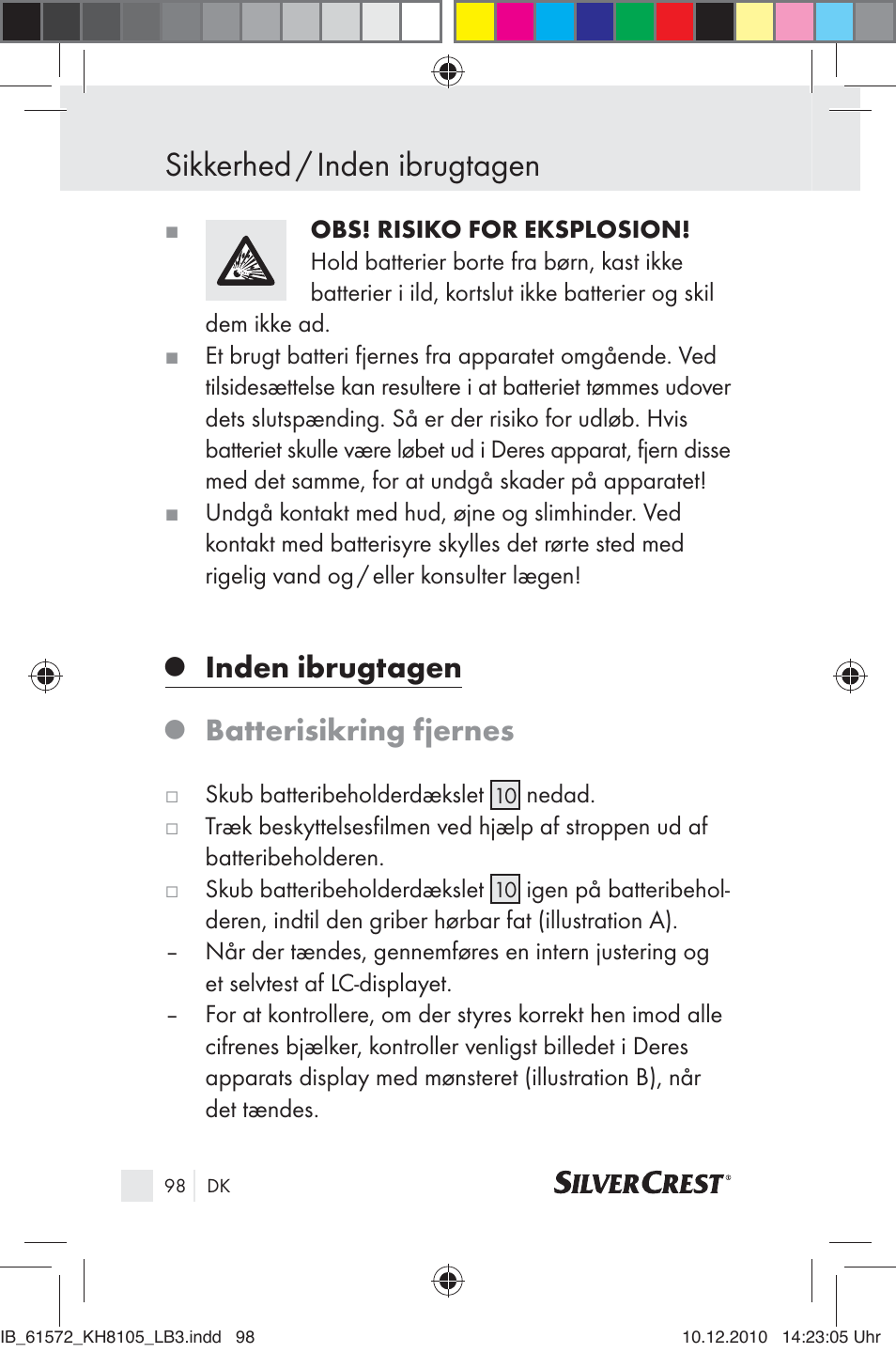 Sikkerhed / inden ibrugtagen, Inden ibrugtagen, Batterisikring fjernes | Silvercrest KH 8105 User Manual | Page 96 / 114