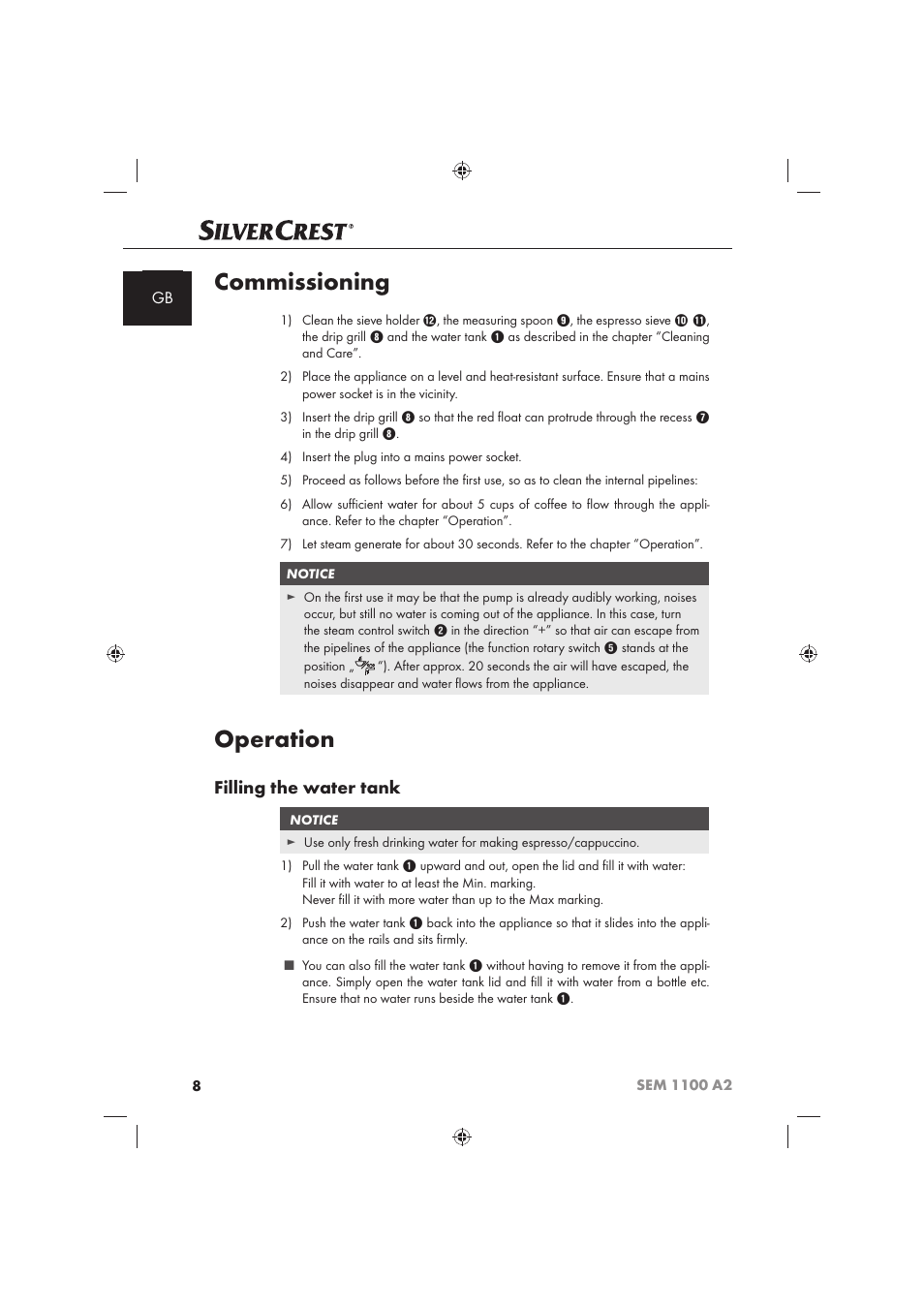 Commissioning, Operation, Filling the water tank | Silvercrest SEM 1100 A2 User Manual | Page 10 / 142