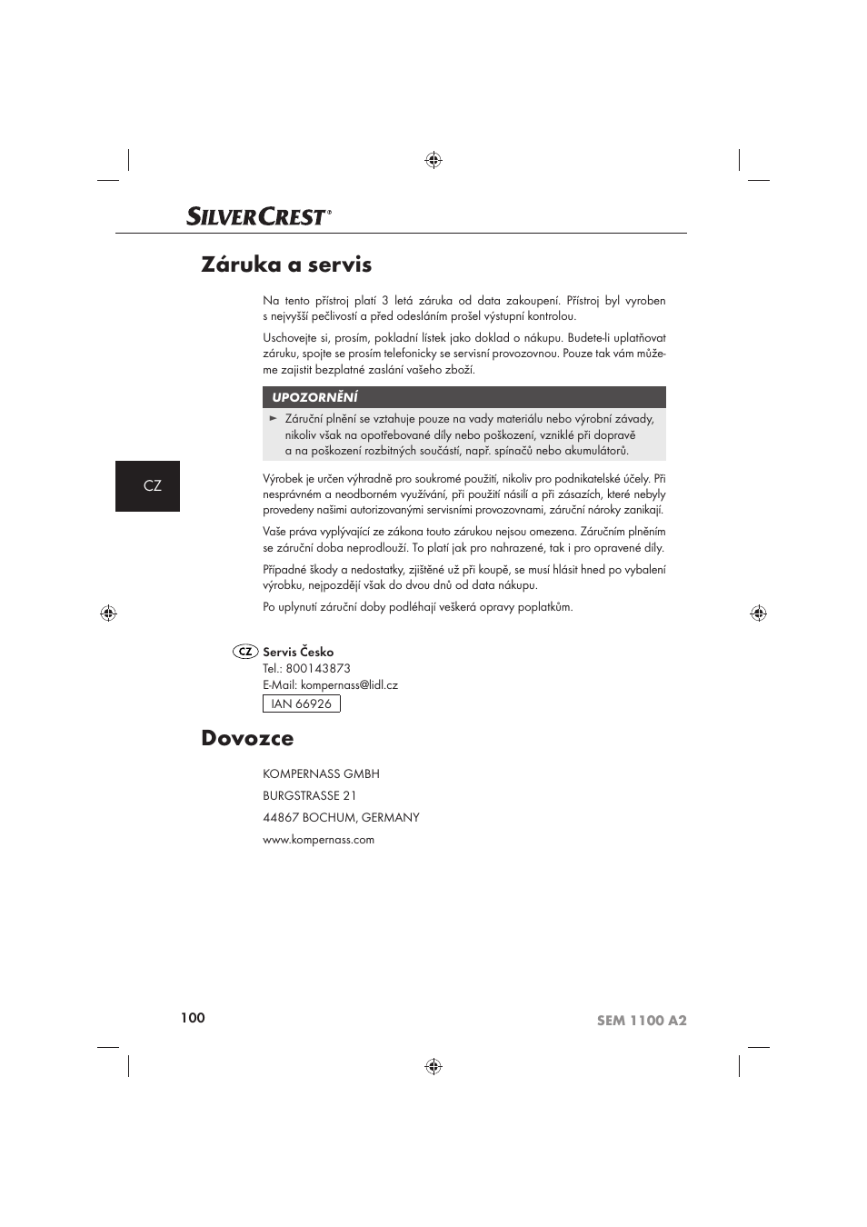 Záruka a servis, Dovozce | Silvercrest SEM 1100 A2 User Manual | Page 102 / 142