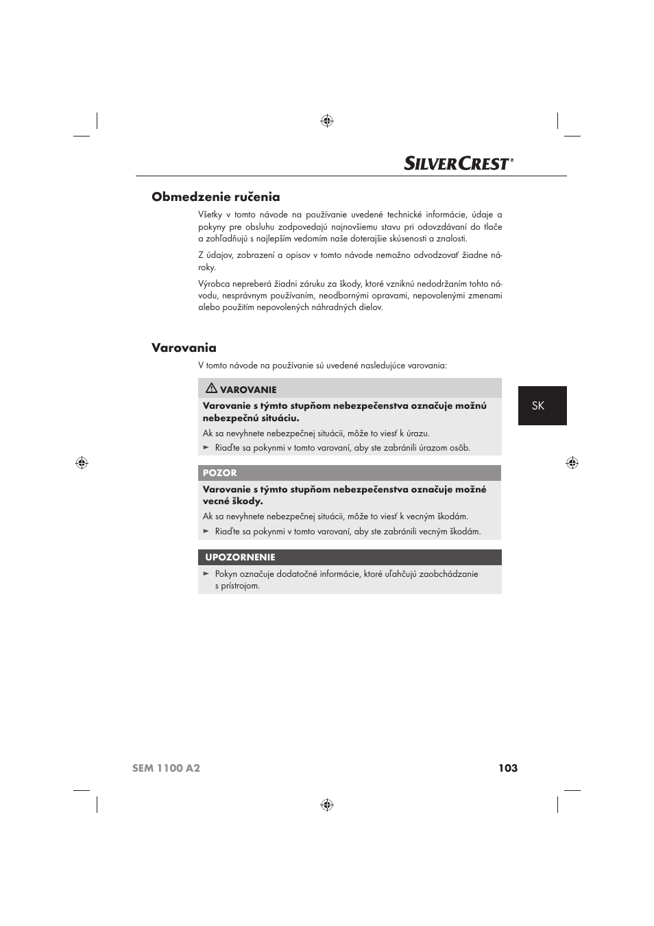 Obmedzenie ručenia, Varovania | Silvercrest SEM 1100 A2 User Manual | Page 105 / 142