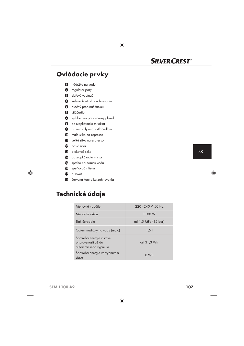 Ovládacie prvky, Technické údaje | Silvercrest SEM 1100 A2 User Manual | Page 109 / 142