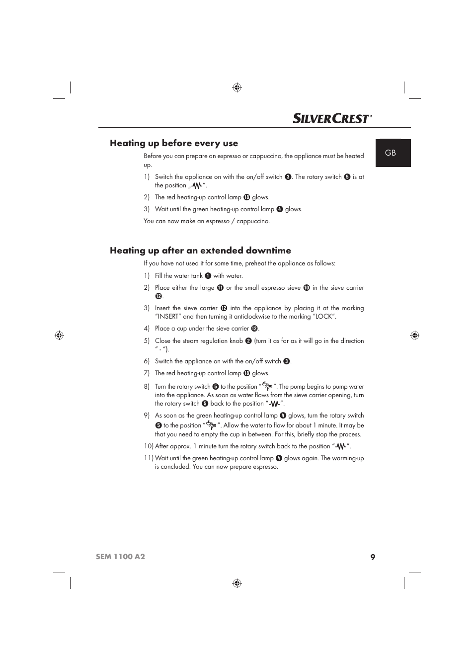 Heating up before every use, Heating up after an extended downtime | Silvercrest SEM 1100 A2 User Manual | Page 11 / 142